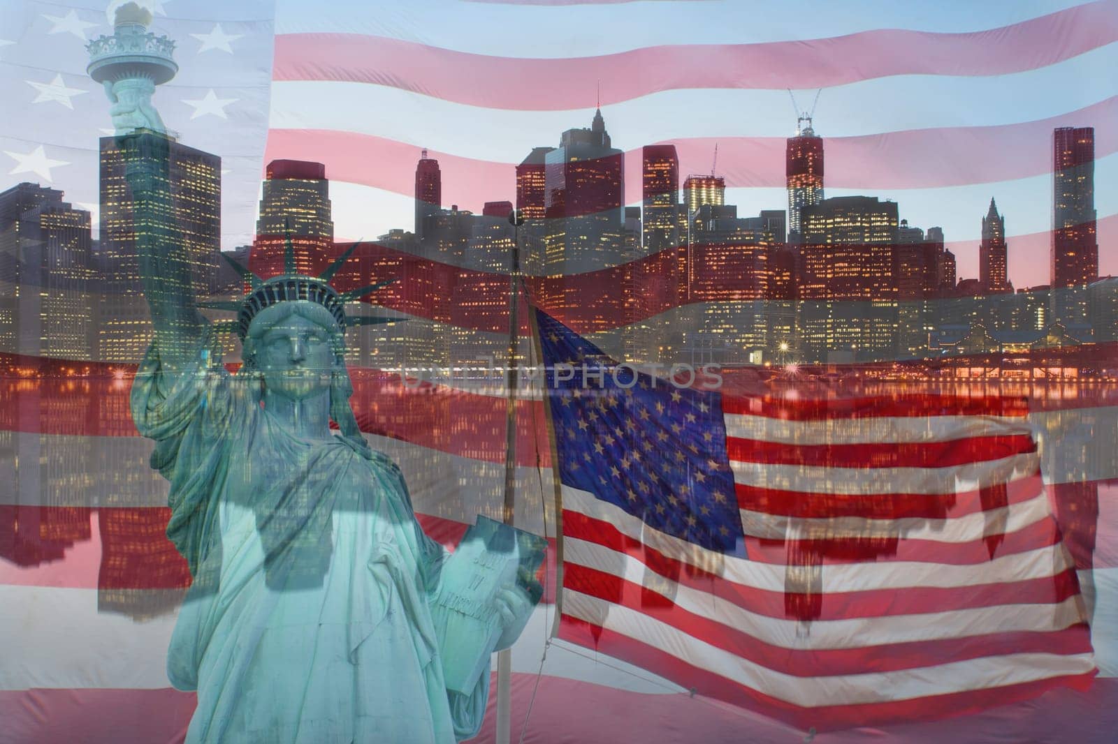 Collage of Lower Manhattan, American flag and Staue of Liberty at dusk.
