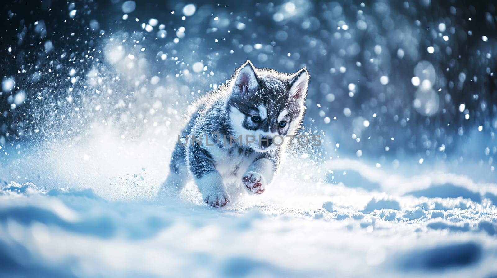 Siberian Husky puppy jumping and running in the snow in a winter field, Generative AI, animals