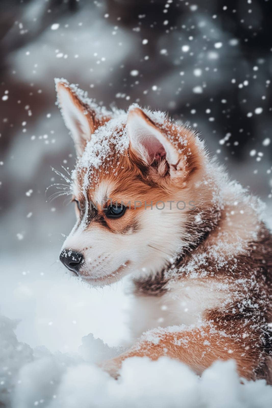 Siberian Husky puppy jumping and running in the snow in a winter field, Generative AI, animals