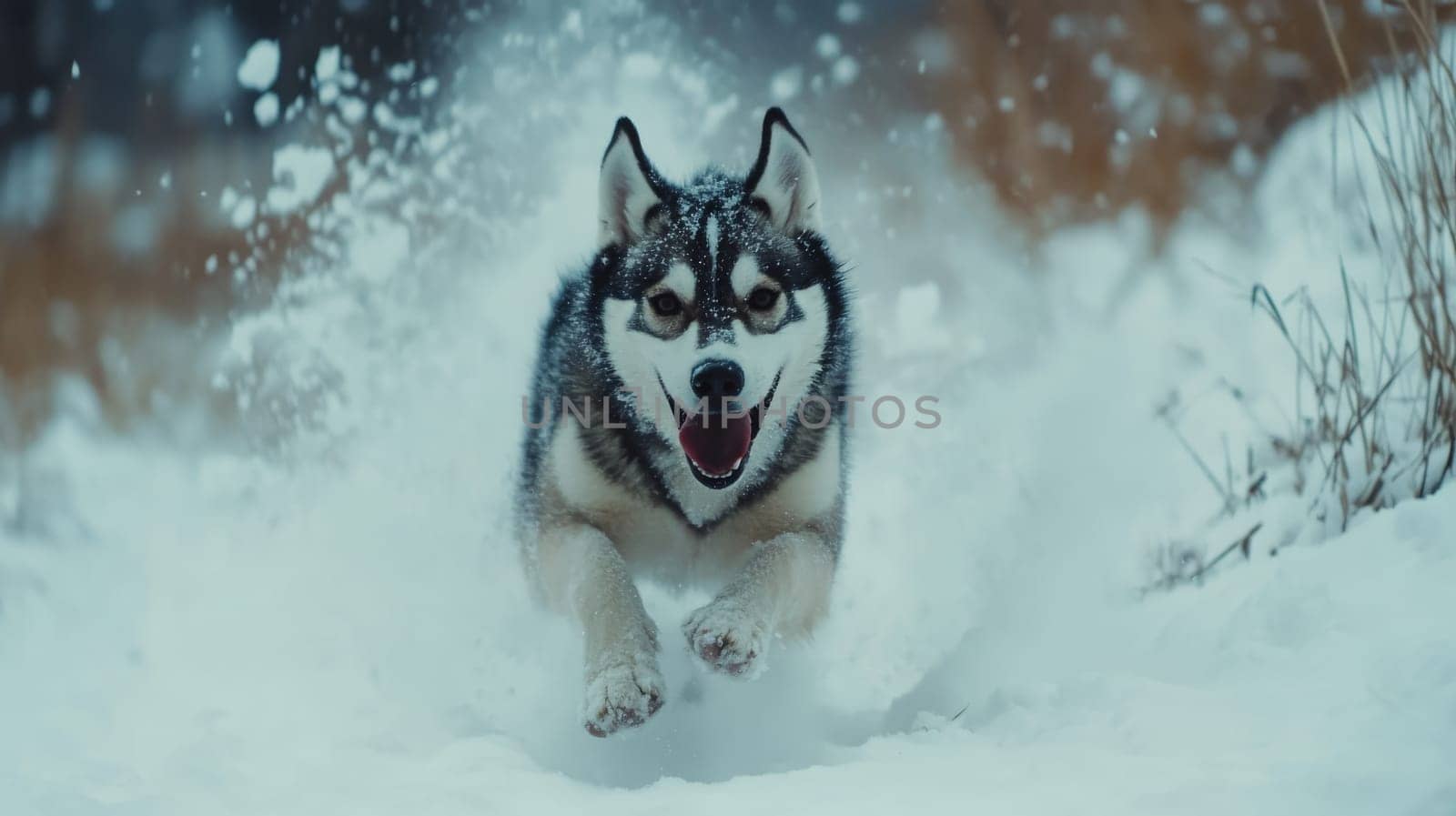 Siberian Husky puppy jumping and running in the snow in a winter field, Generative AI, animals