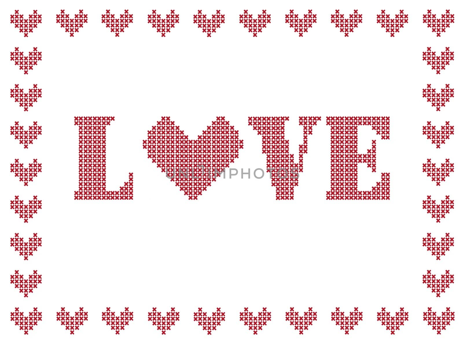Cross-stick design with love with hearts, red on white