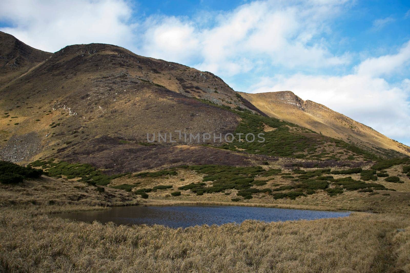 Oval lake at the foot of the mountain