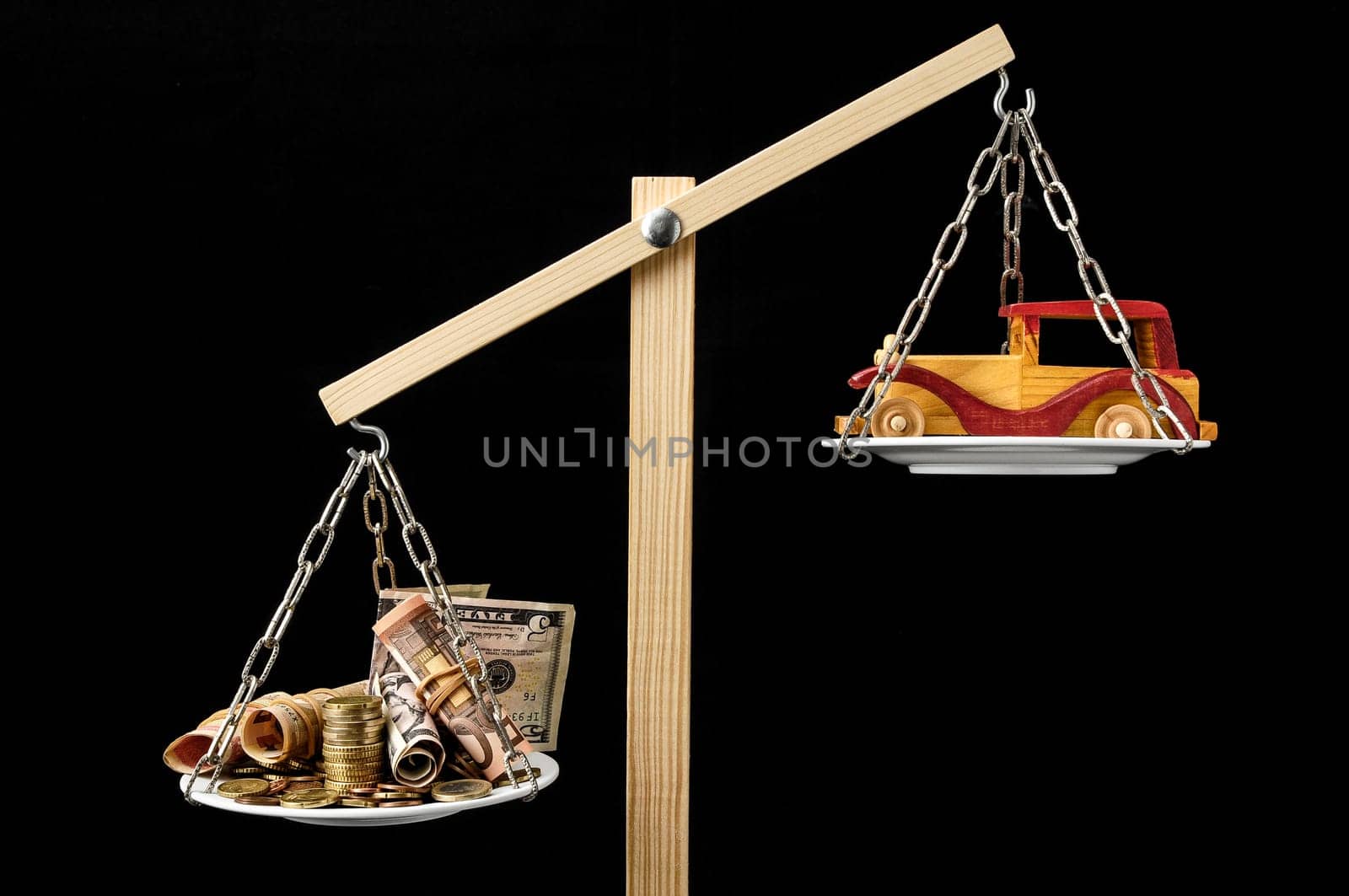 Money and Toy Wooden Car on a Two Pan Balance