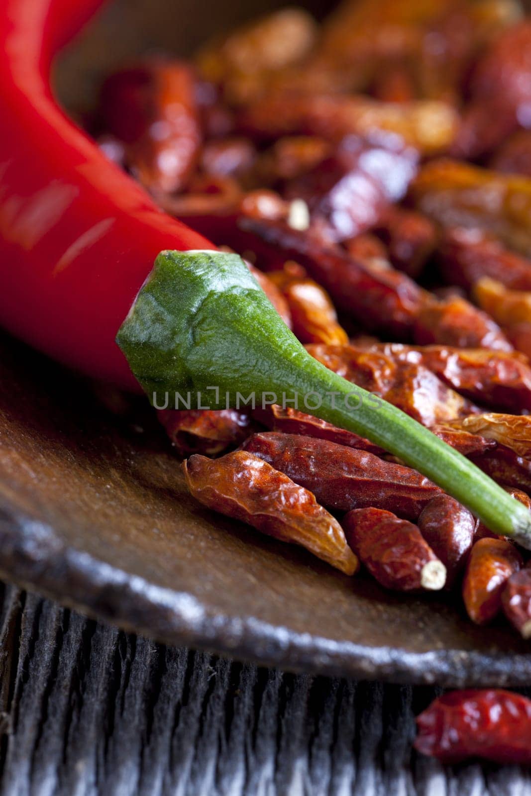 Macro shot of chili peppers on old wooden shovel