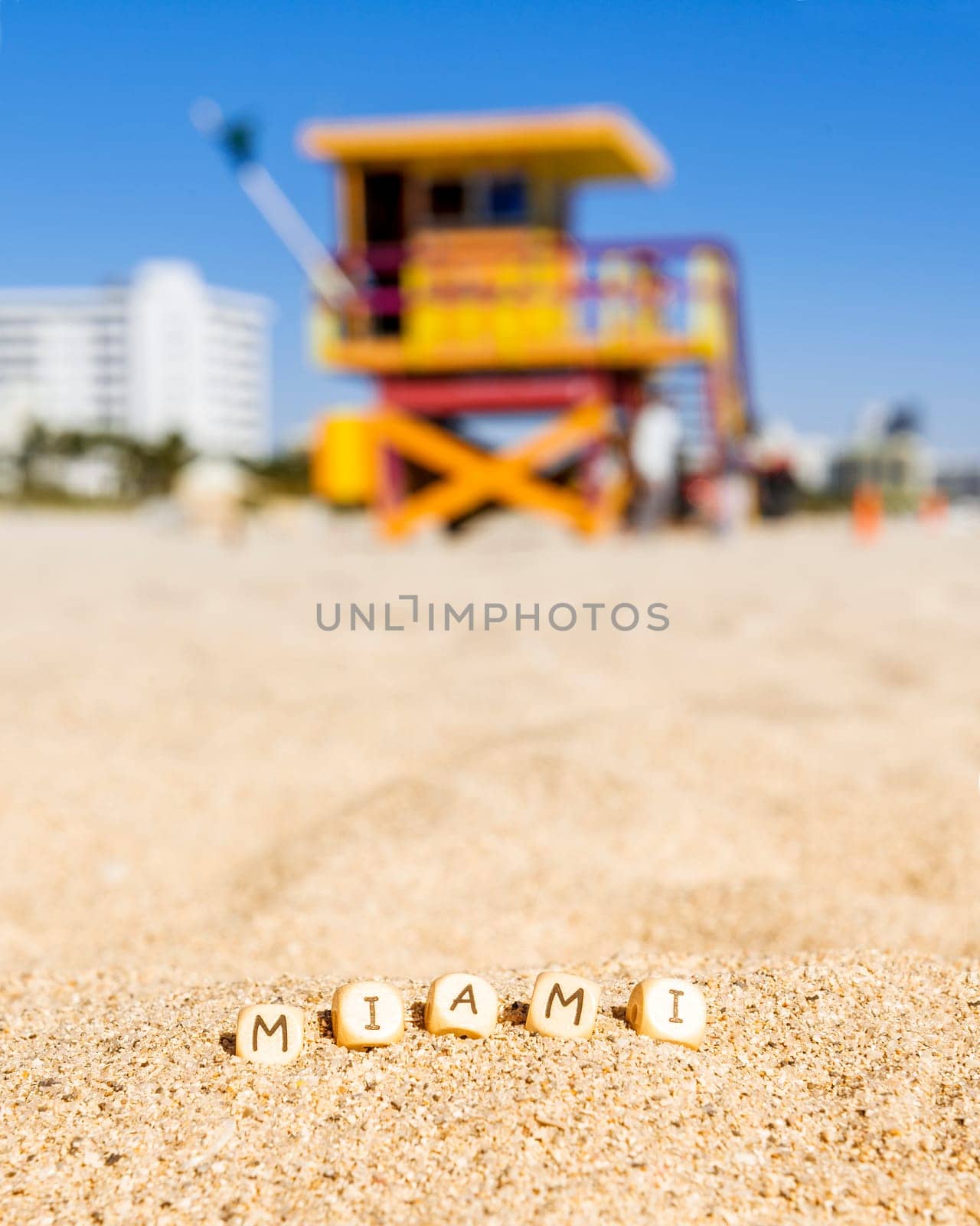 Maimi Southbeach, lifeguard house with letters on the sand, Florida, USA