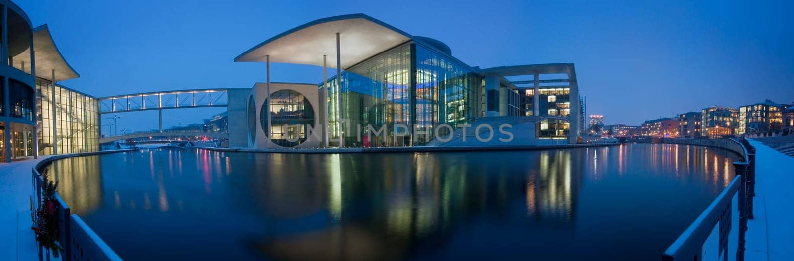 Panoramic view of the Marie-Elisabeth-Lueders-Haus in the government district of Berlin at dusk