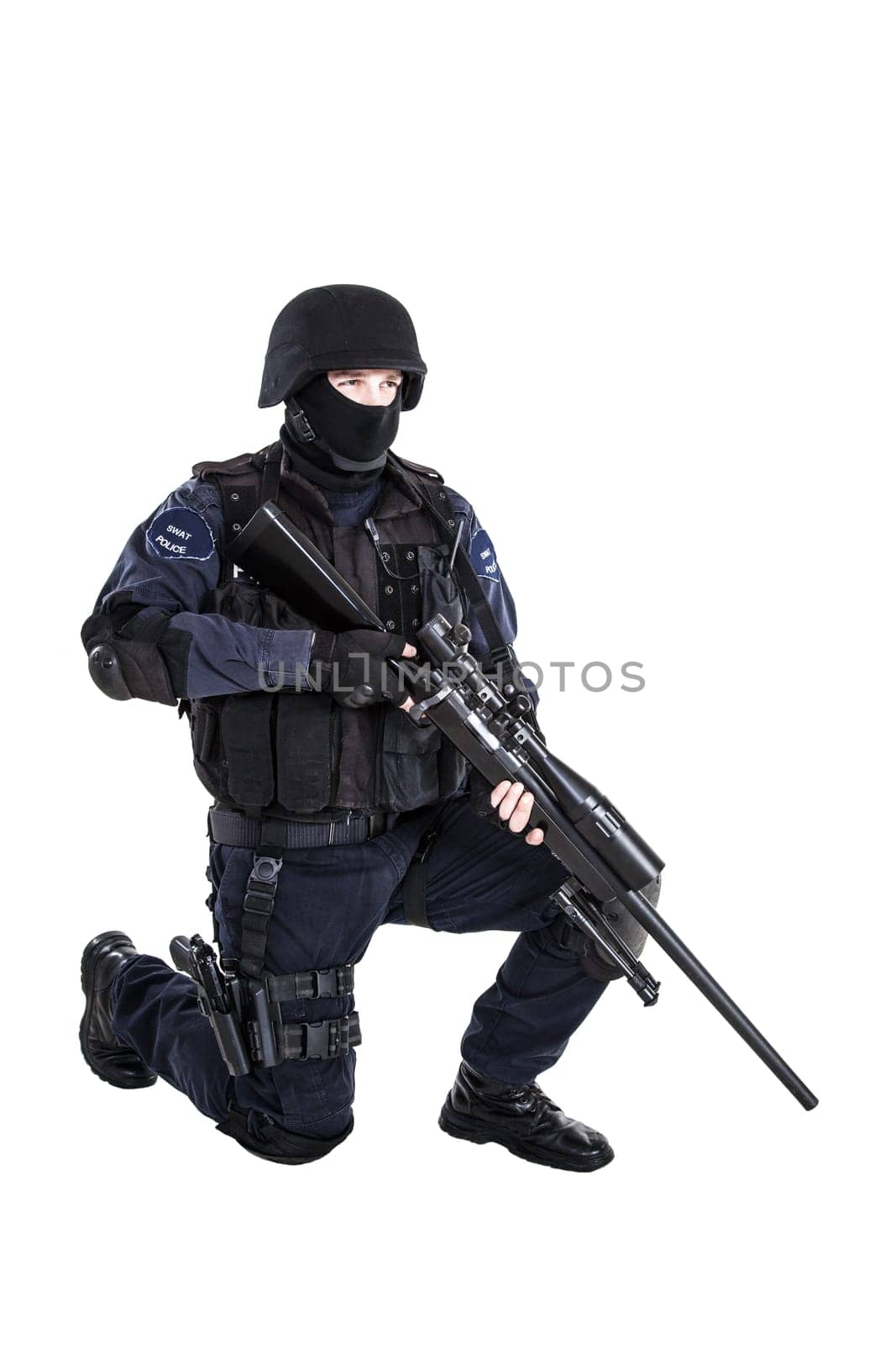 Special weapons and tactics (SWAT) team officer with sniper rifle