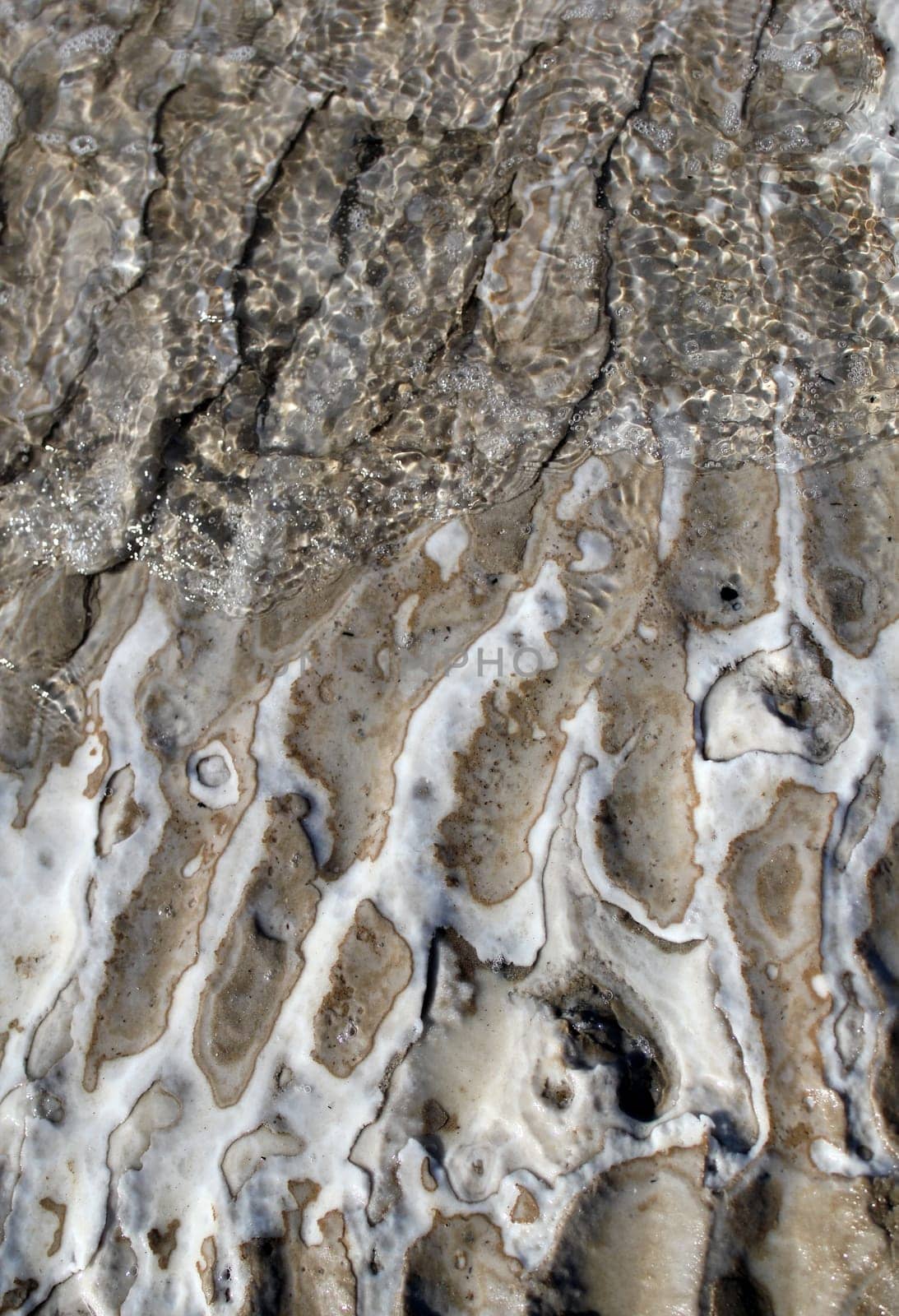 Dead Sea coastline, detail of salt crystals and formations in the sand. Jordan