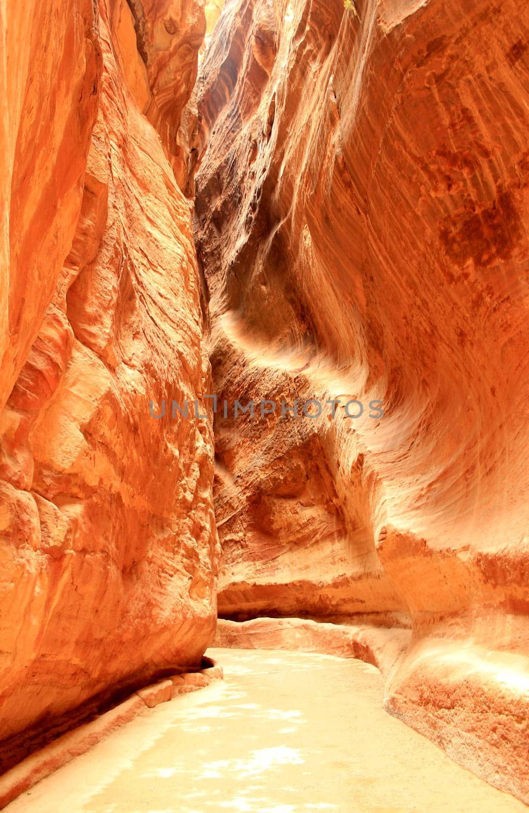 Rosy red walls of the Siq canyon, leading to the Treasury in Petra, Jordan.