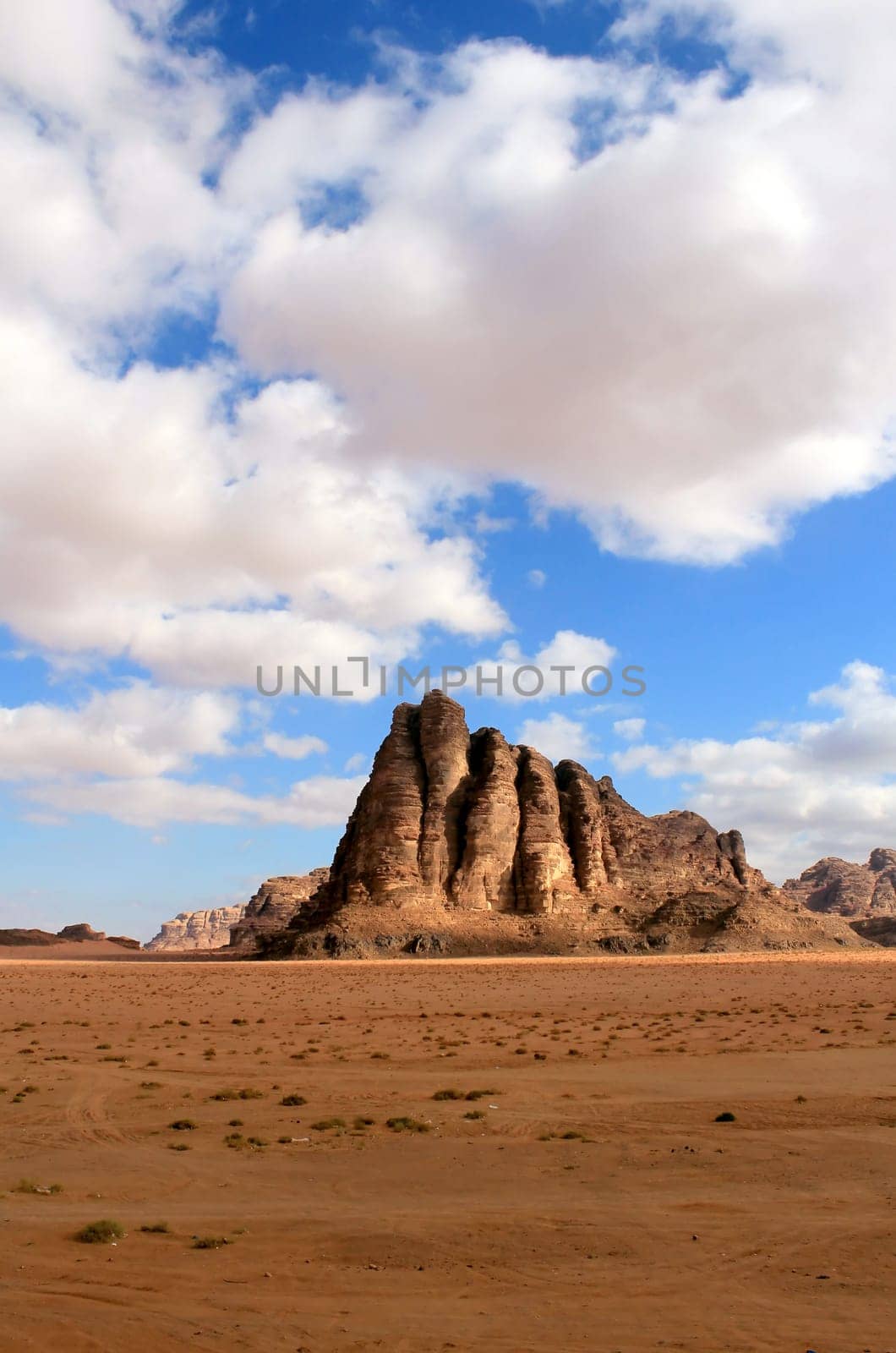 The "Seven Pillars of Wisdom"" rock formation, Wadi Rum Desert beautiful landscape. Jordan."