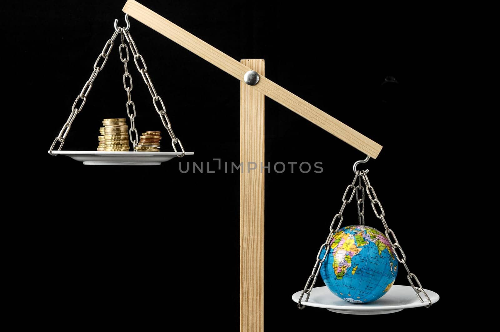 Globe Planet Earth and Money on a Two Pan Balance