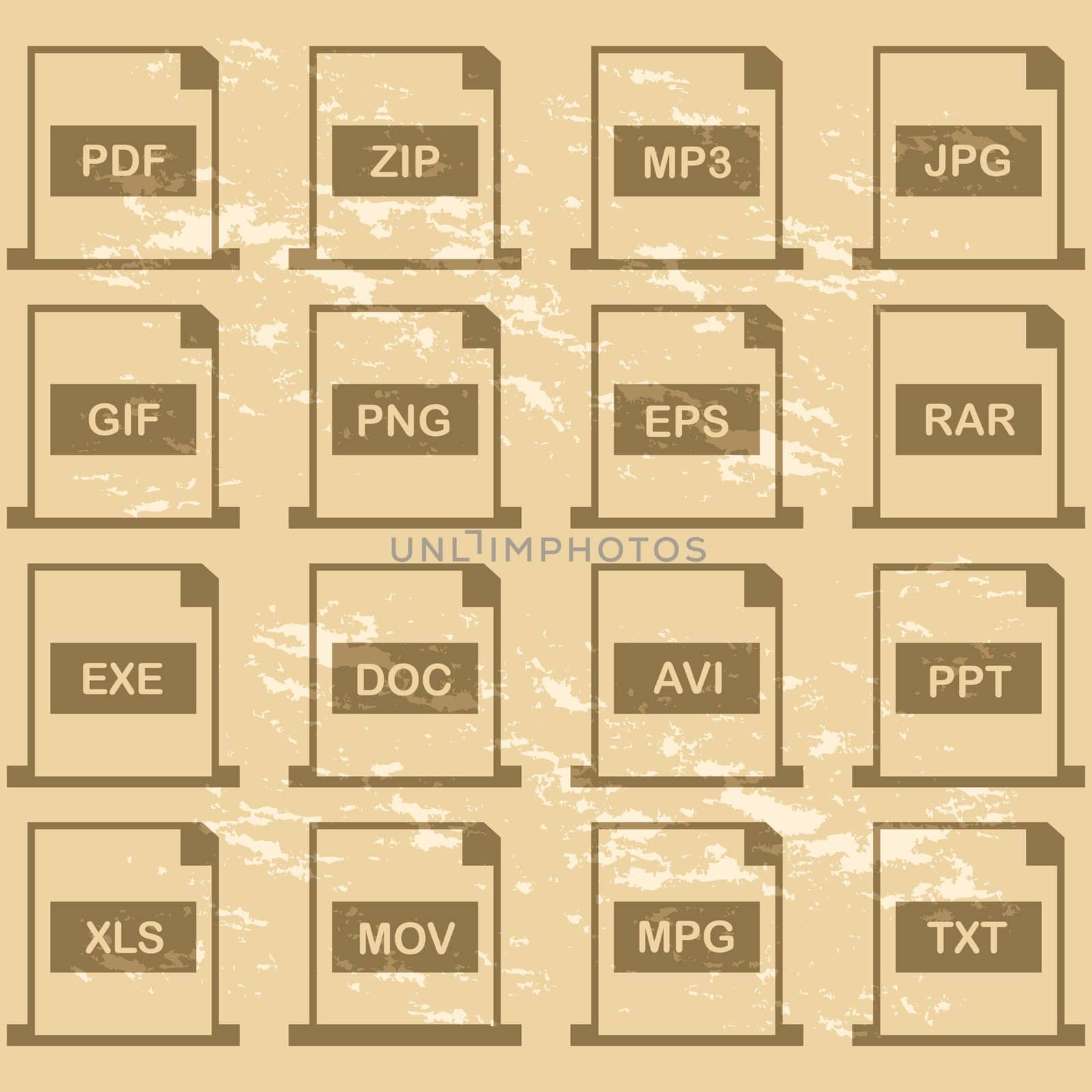 Icon set showing different computer file extensions in retro style