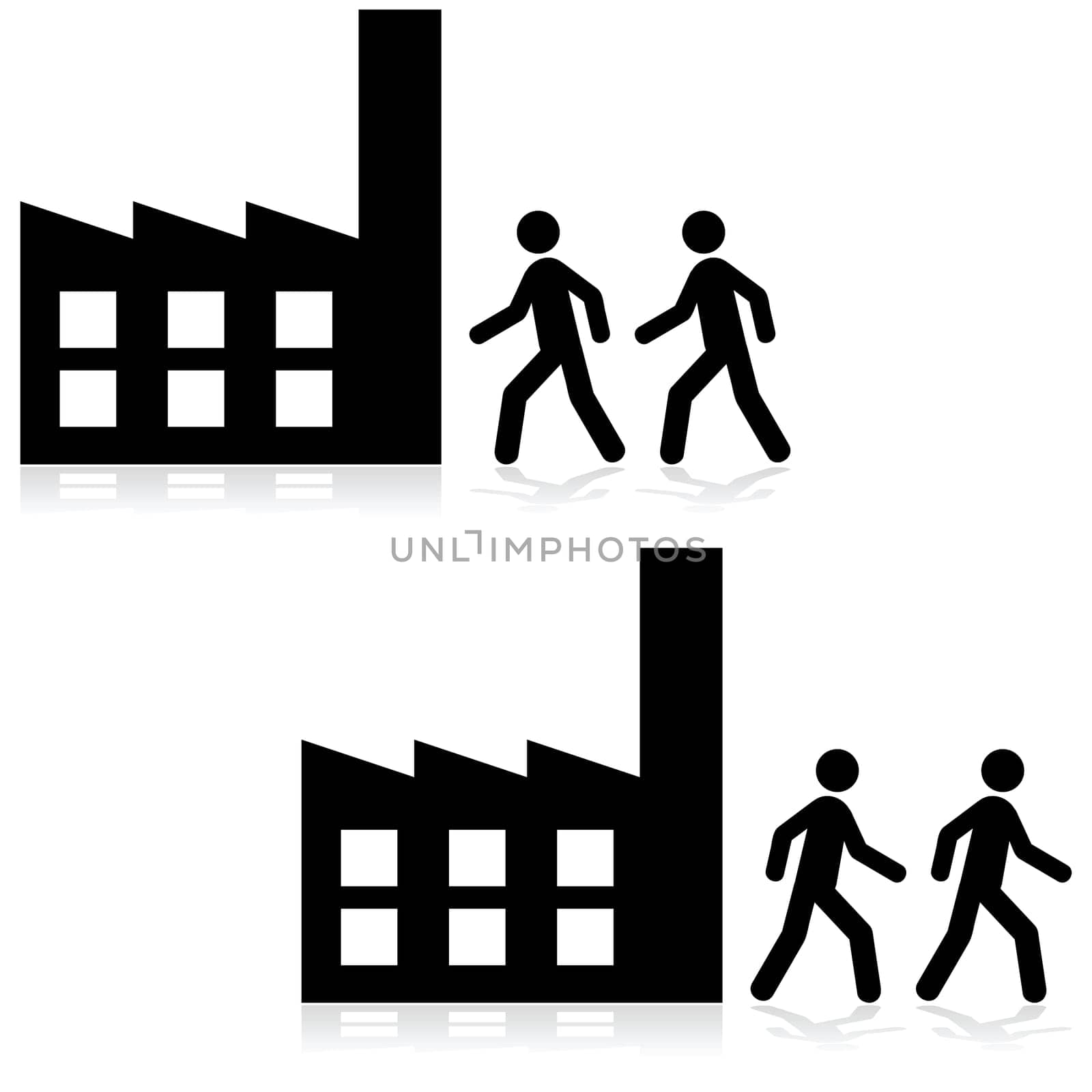 Concept illustration showing people arriving and leaving a factory building
