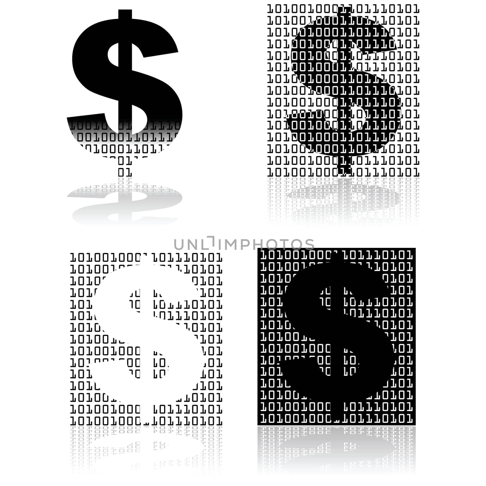 Concept illustration showing a dollar sign mixed with ones and zeroes to depict digital currencies