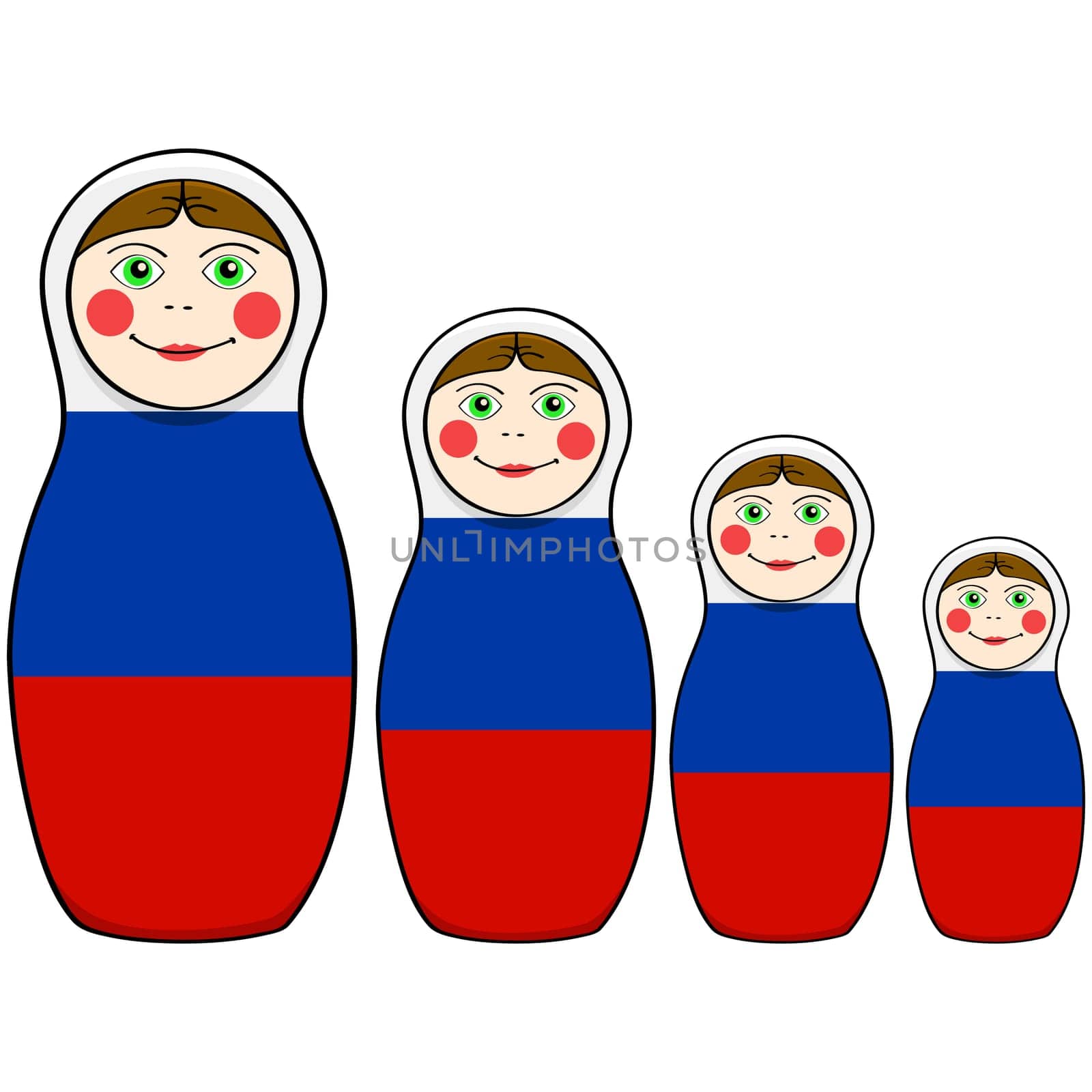 Cartoon illustration showing russian dolls in different sizes painted with the colors of the Russian flag