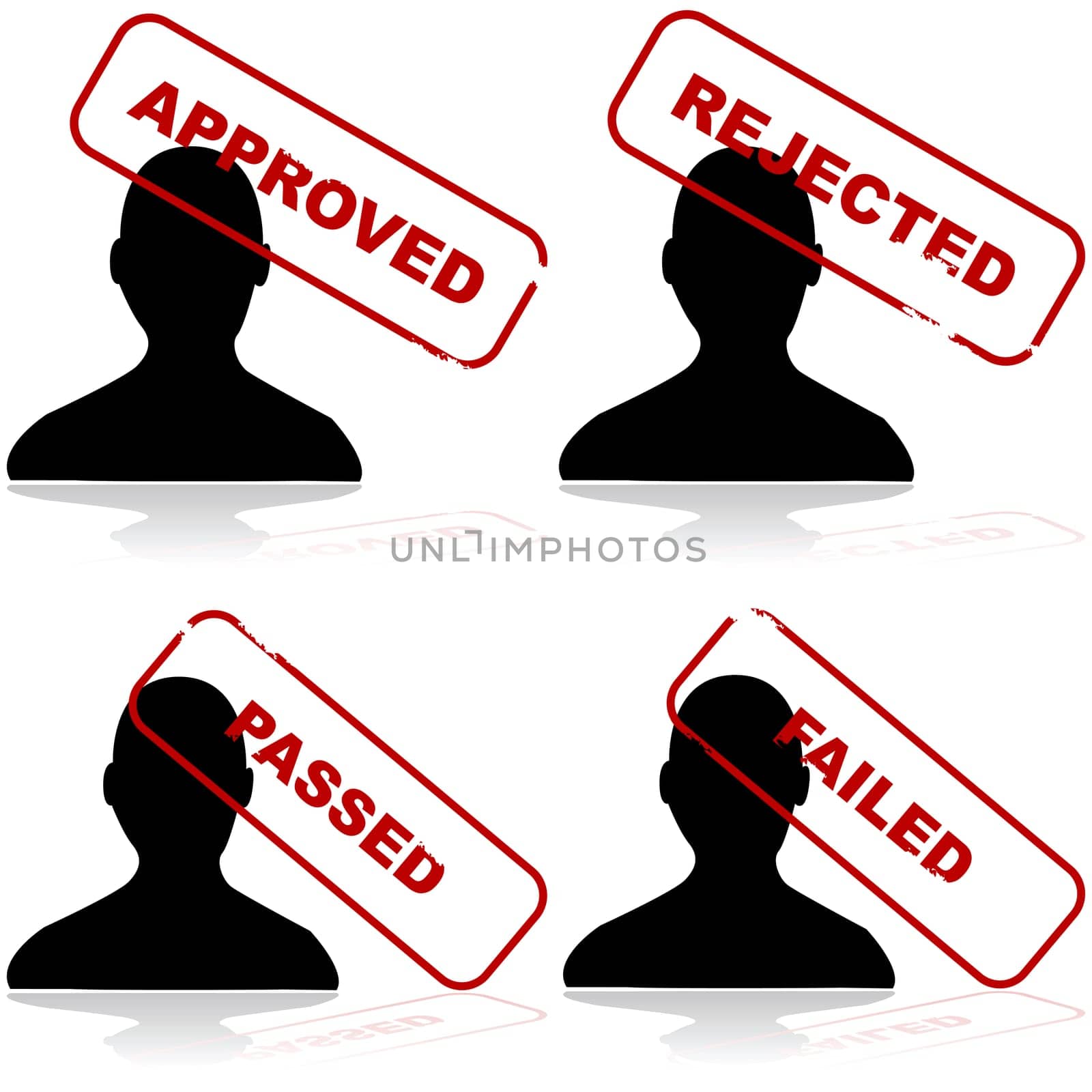 Icon set showing the outline of a person and different stamps showing acceptance or rejection