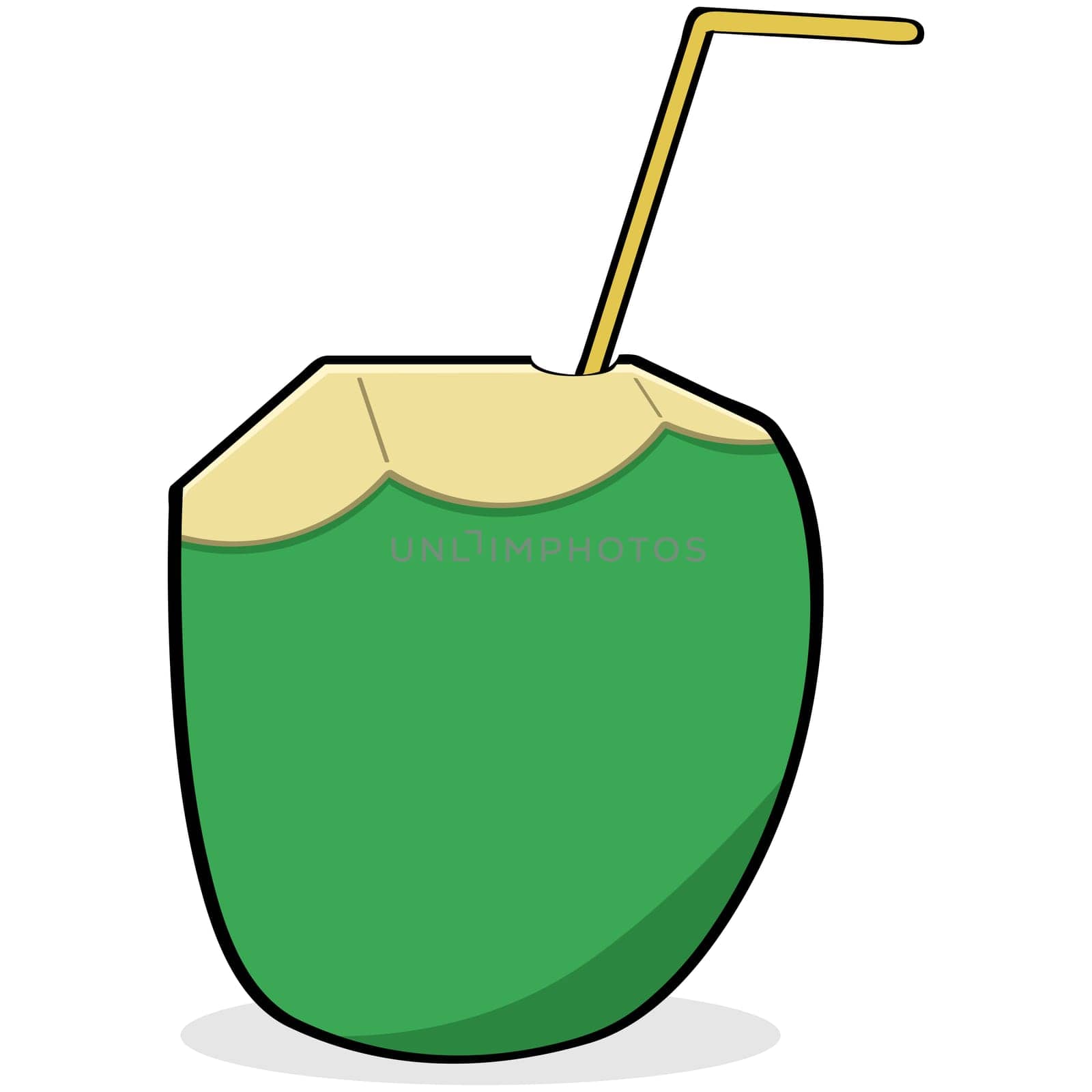 Cartoon illustration showing a straw inserted in a coconut to drink the water inside it