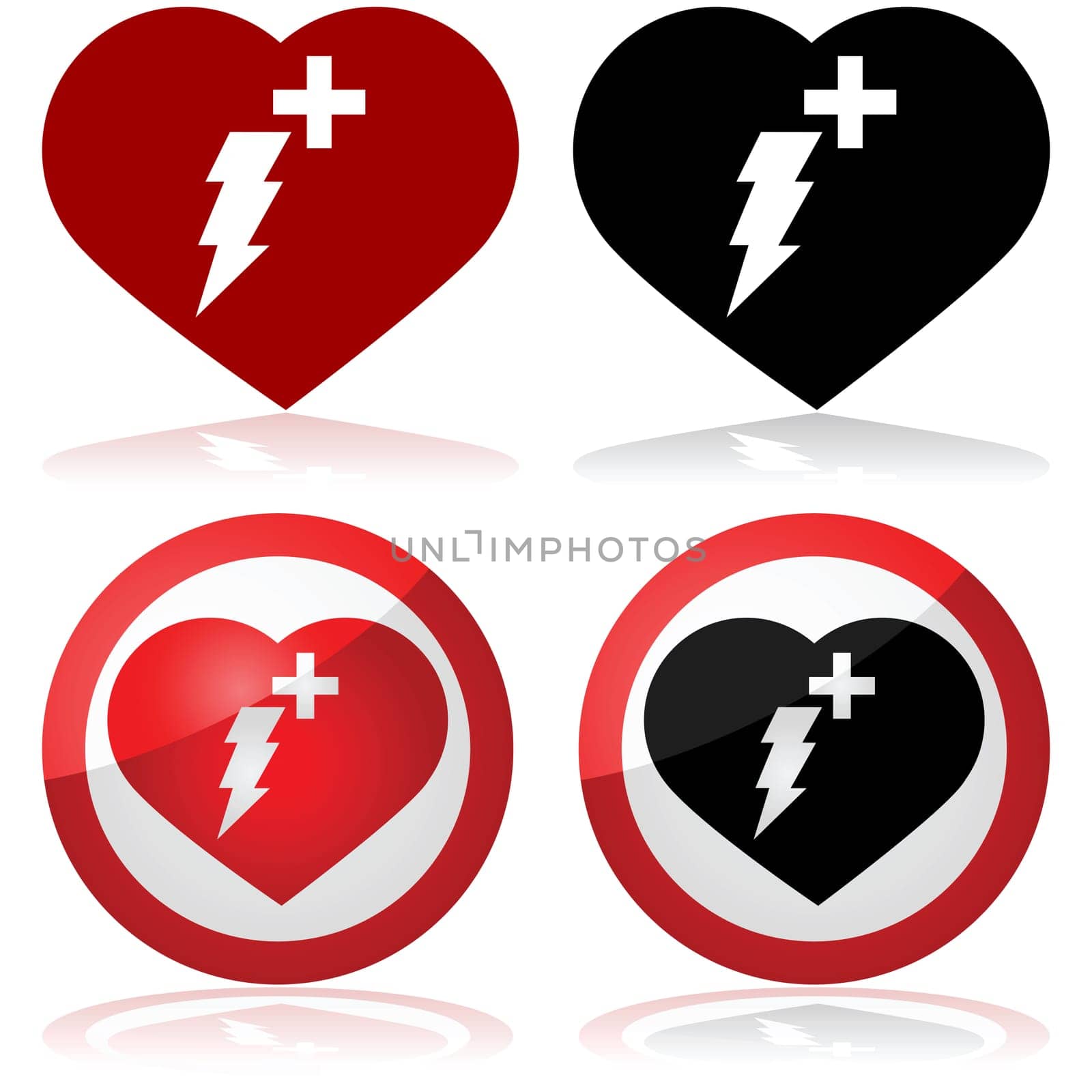 Defibrillator icon set showing a heart with a lightning and a cross inside it