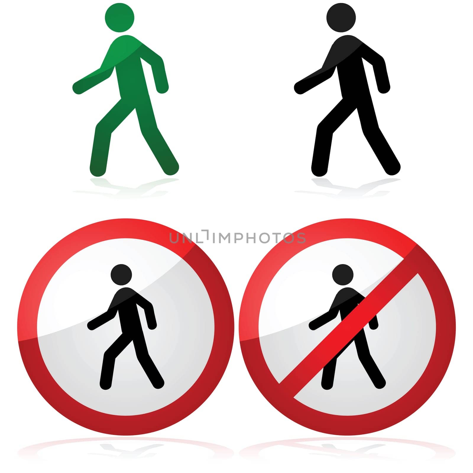 Icon illustration showing a man walking as well as a walking allowed and prohibited signs