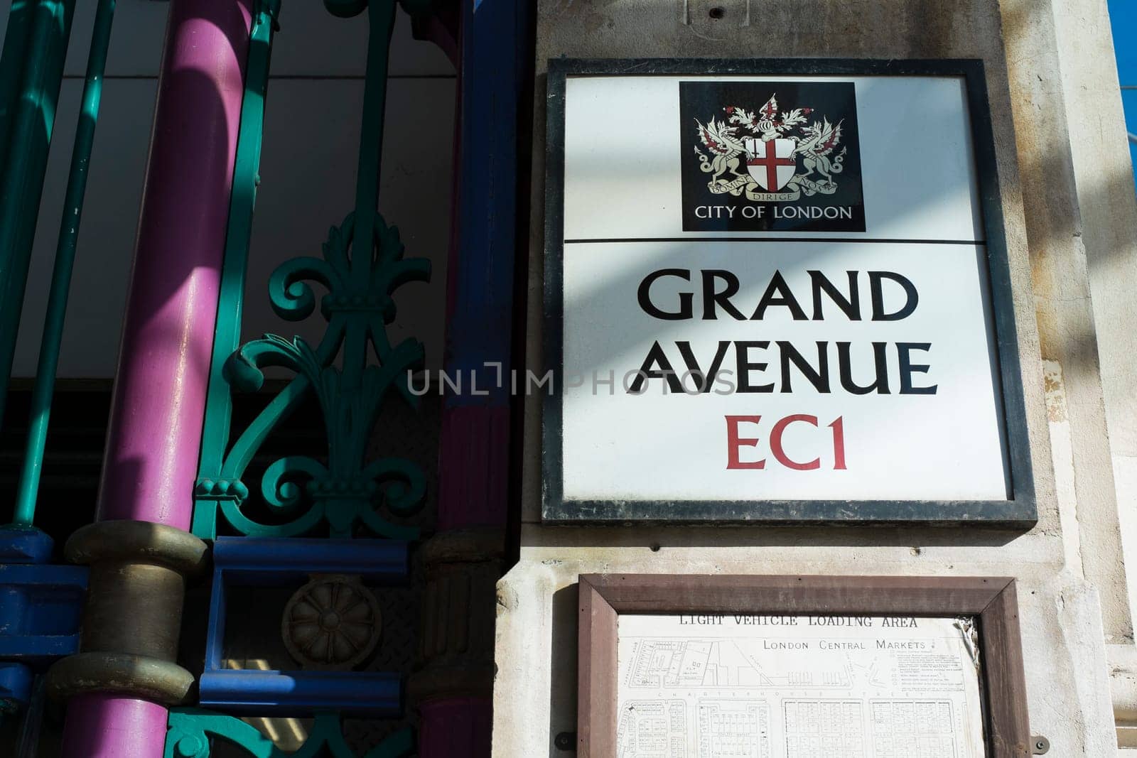 LONDON, UK - FEBRUARY 16: Detail of street signs in Smithfield meat market.The building is over one hundred and forty years old, but the market has been in the same site for almost one thousand years. February 16, 2014 in London.