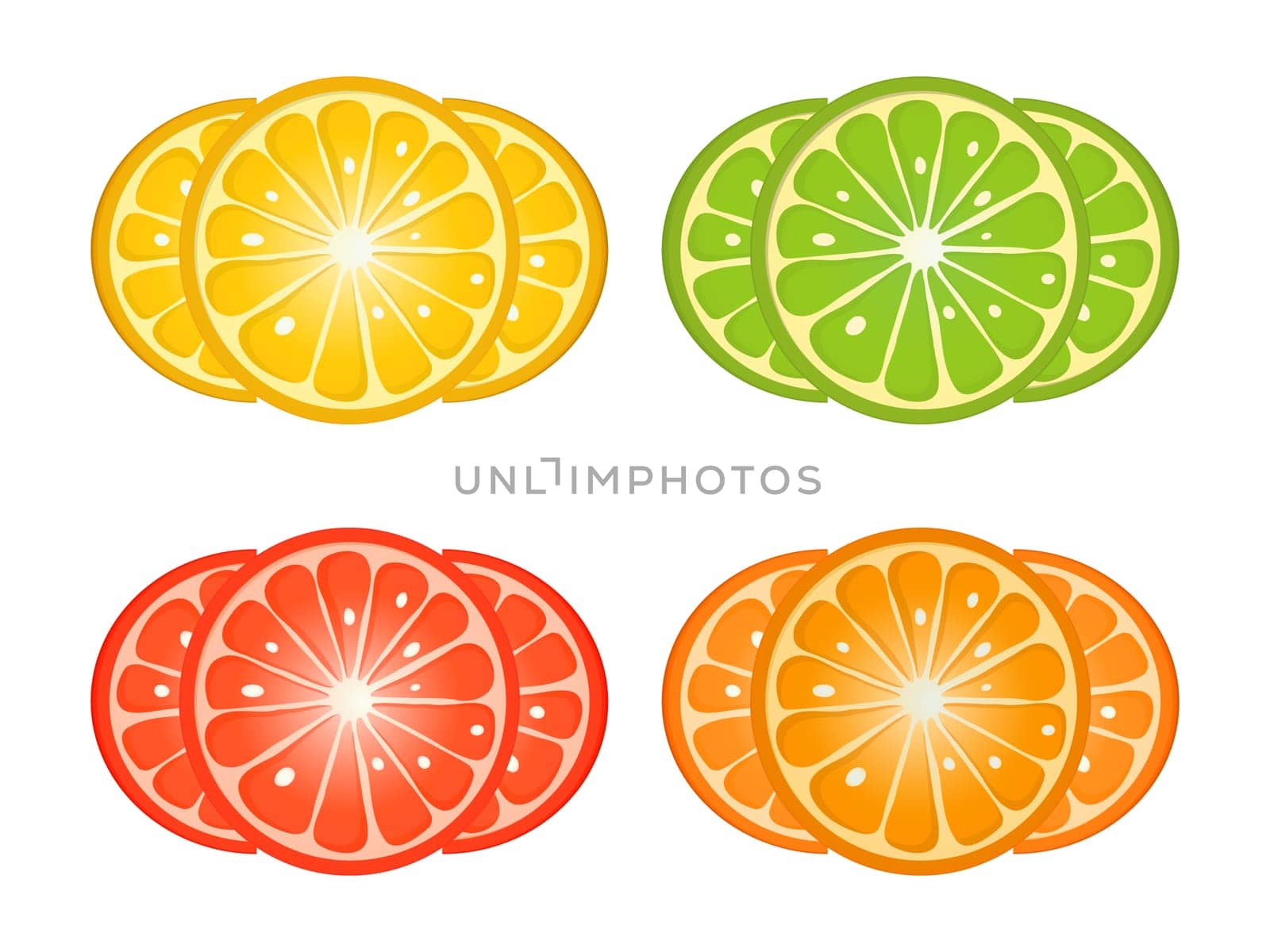 Citrus fruit slices over white background. Orange, lemon, grapefruit, lime design elements.