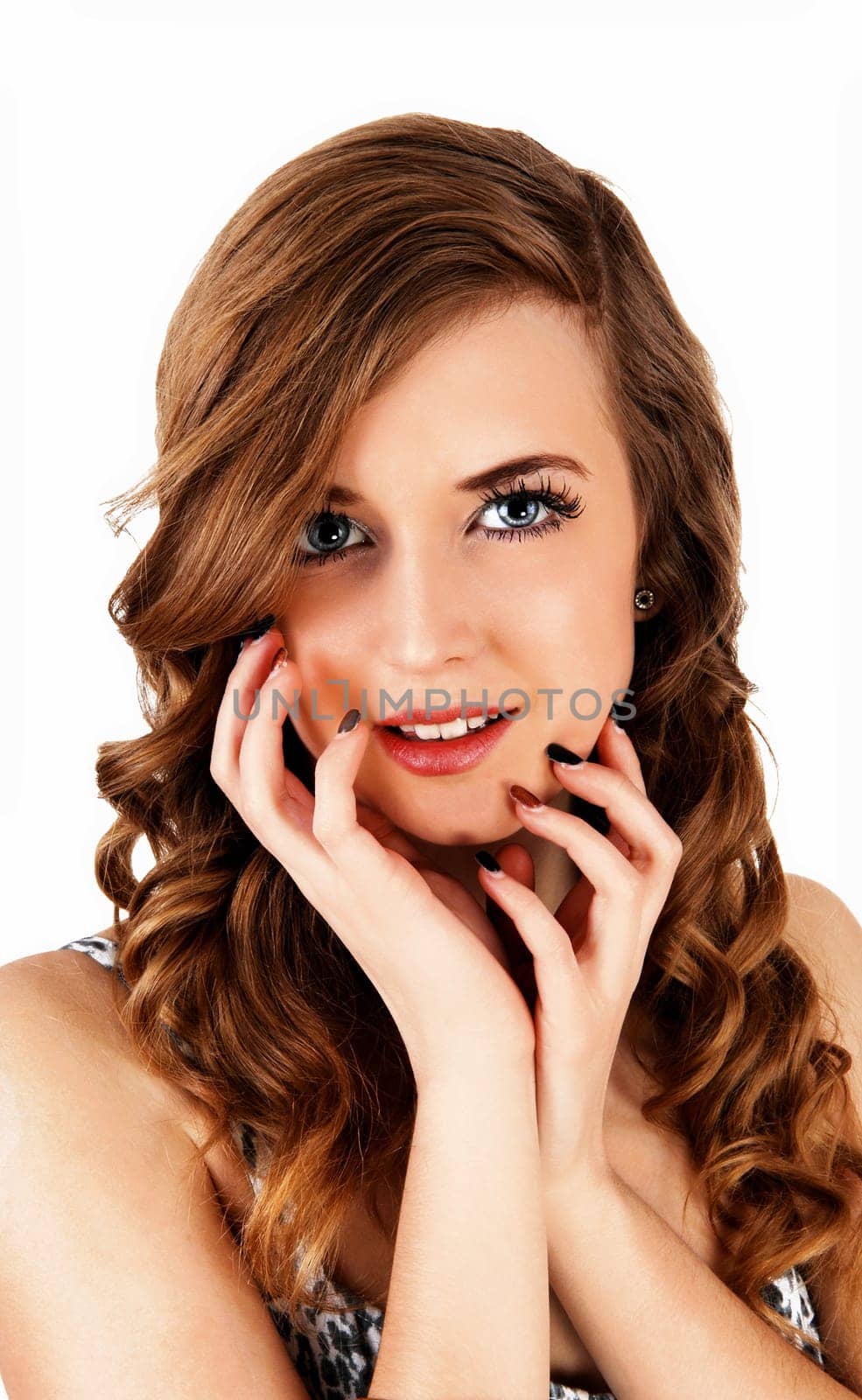 A closeup portrait picture of a young pretty teenager girl with long curly hair.and blue eyes, for white background..