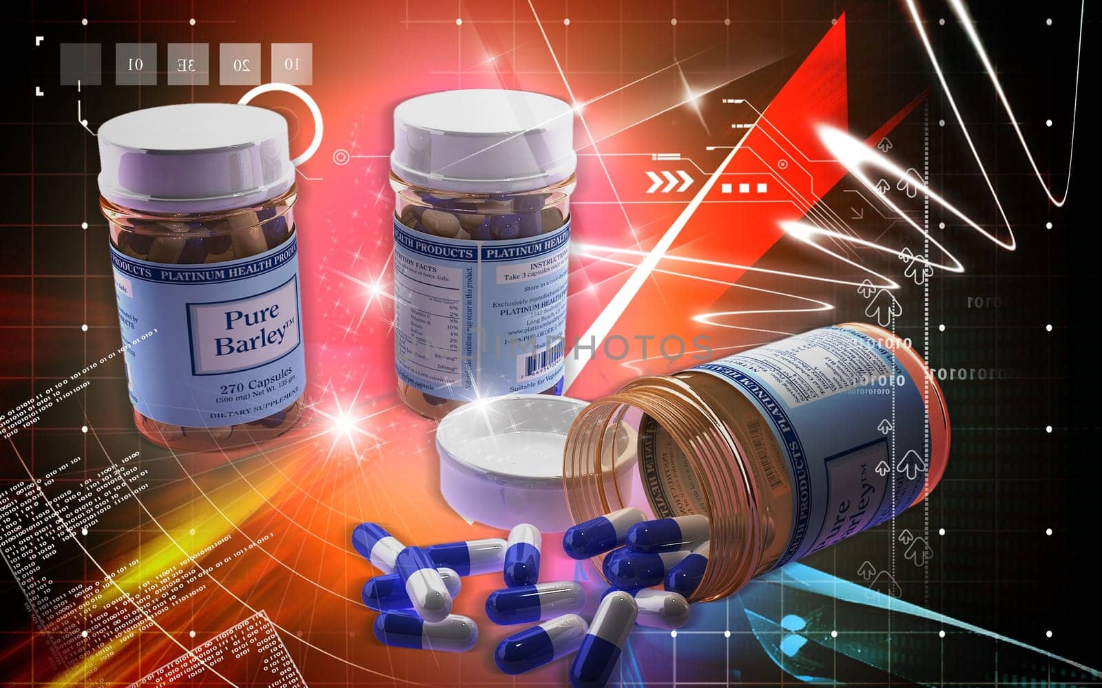Digital illustration of capsule bottle in colour background