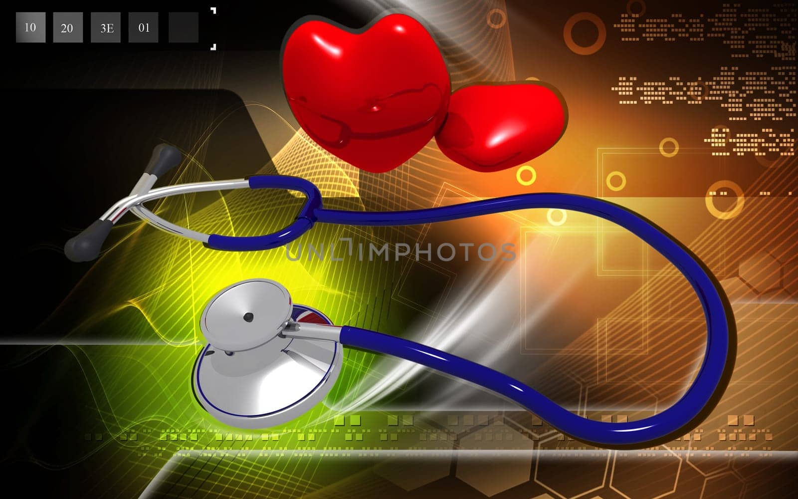 Digital illustration of stethoscope and heart in colour background