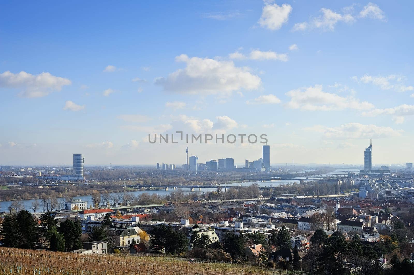 Vienna on the Danube seen from the north with Nussdorf in the foreground