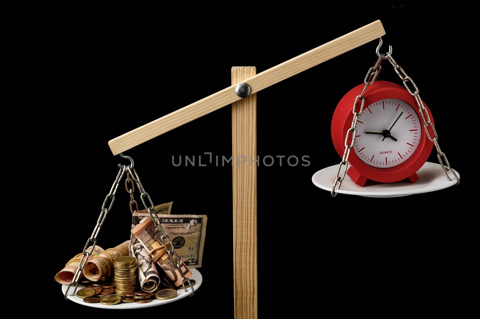Time is Money Concept Clock and Currency on a Two Pan Balance