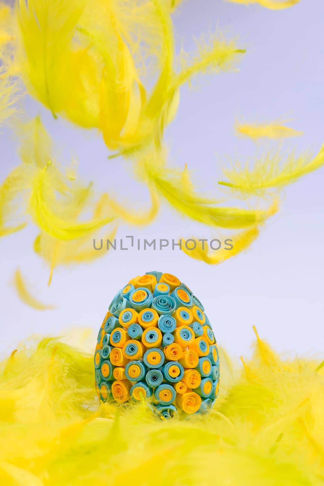 funny,amusing and joyful photo of yellow and black easter egg in yellow feathers,visible feather falling down.