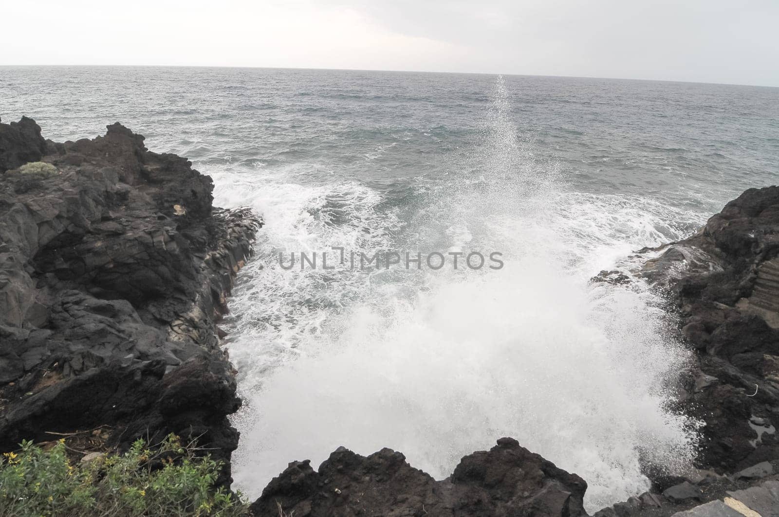 Strong Waves Crashing on the Volcanic Coast in Tenerife Canary Islands