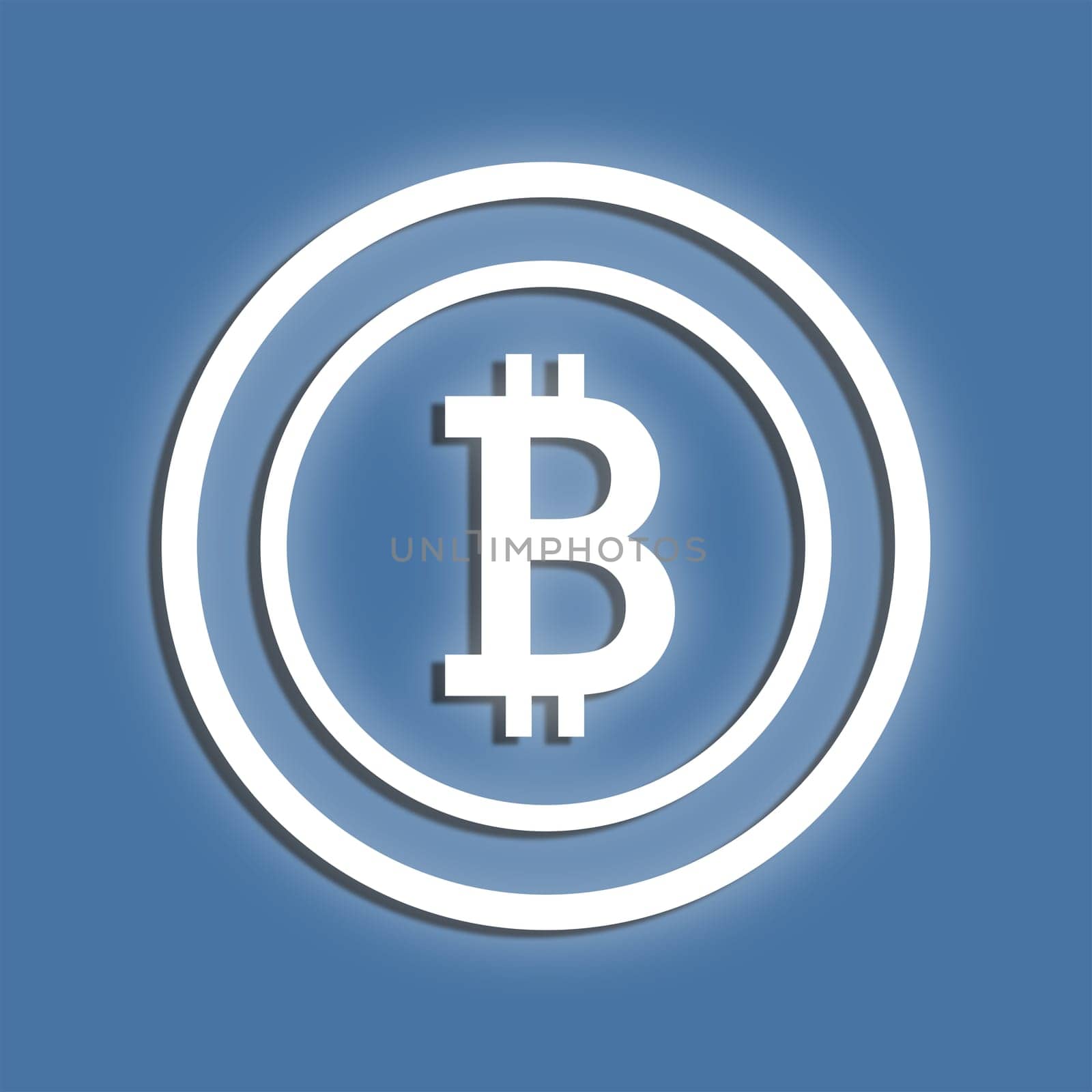Glowing Bitcoin symbol on a blue background. Flat design element.