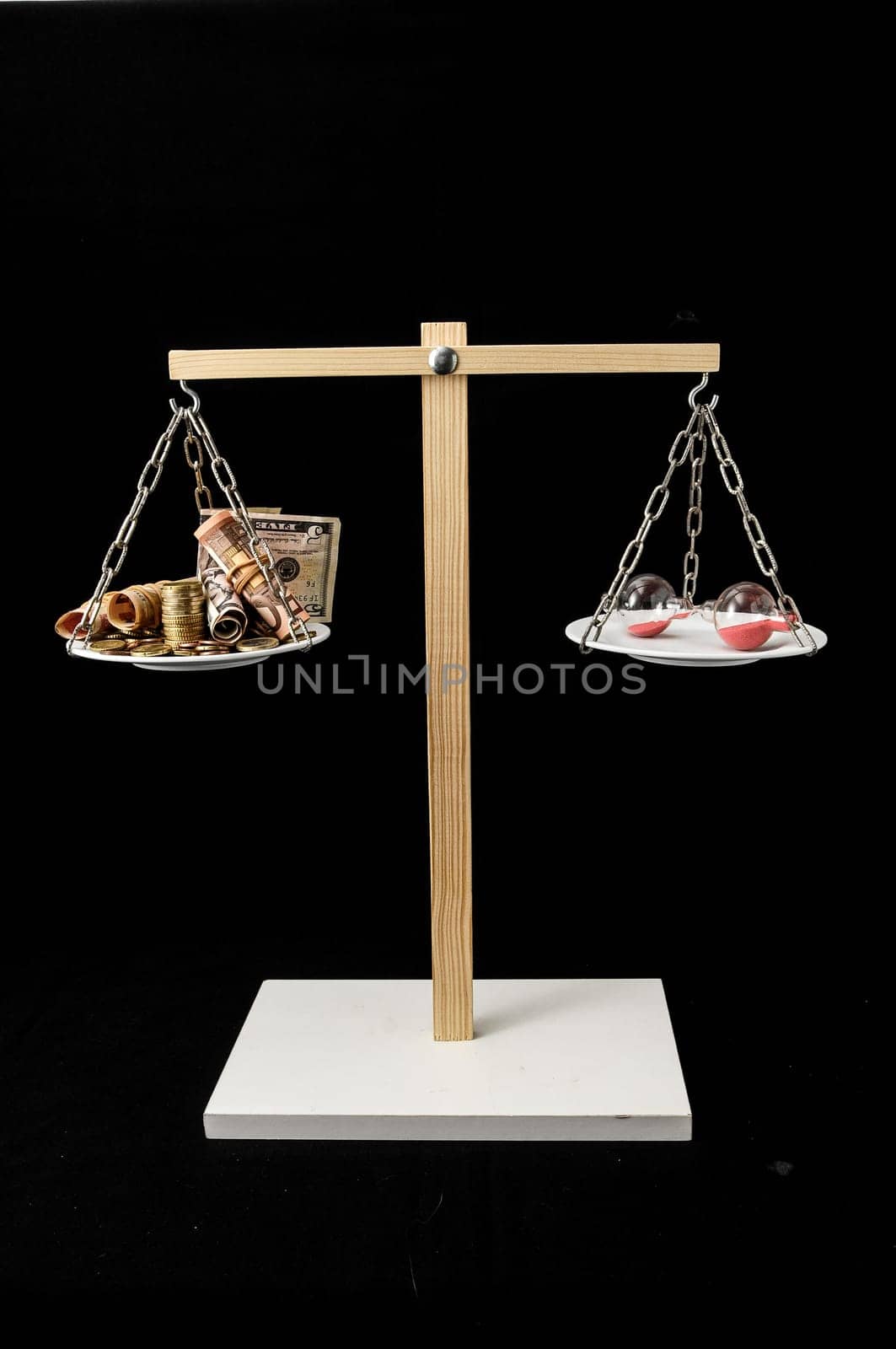 Time is Money Concept Clock and Currency on a Two Pan Balance