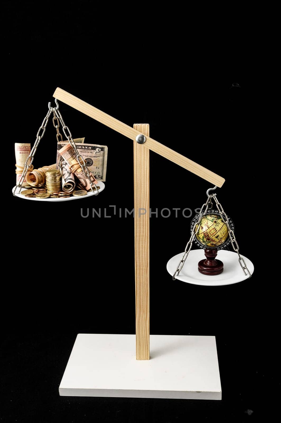 Globe Planet Earth and Money on a Two Pan Balance