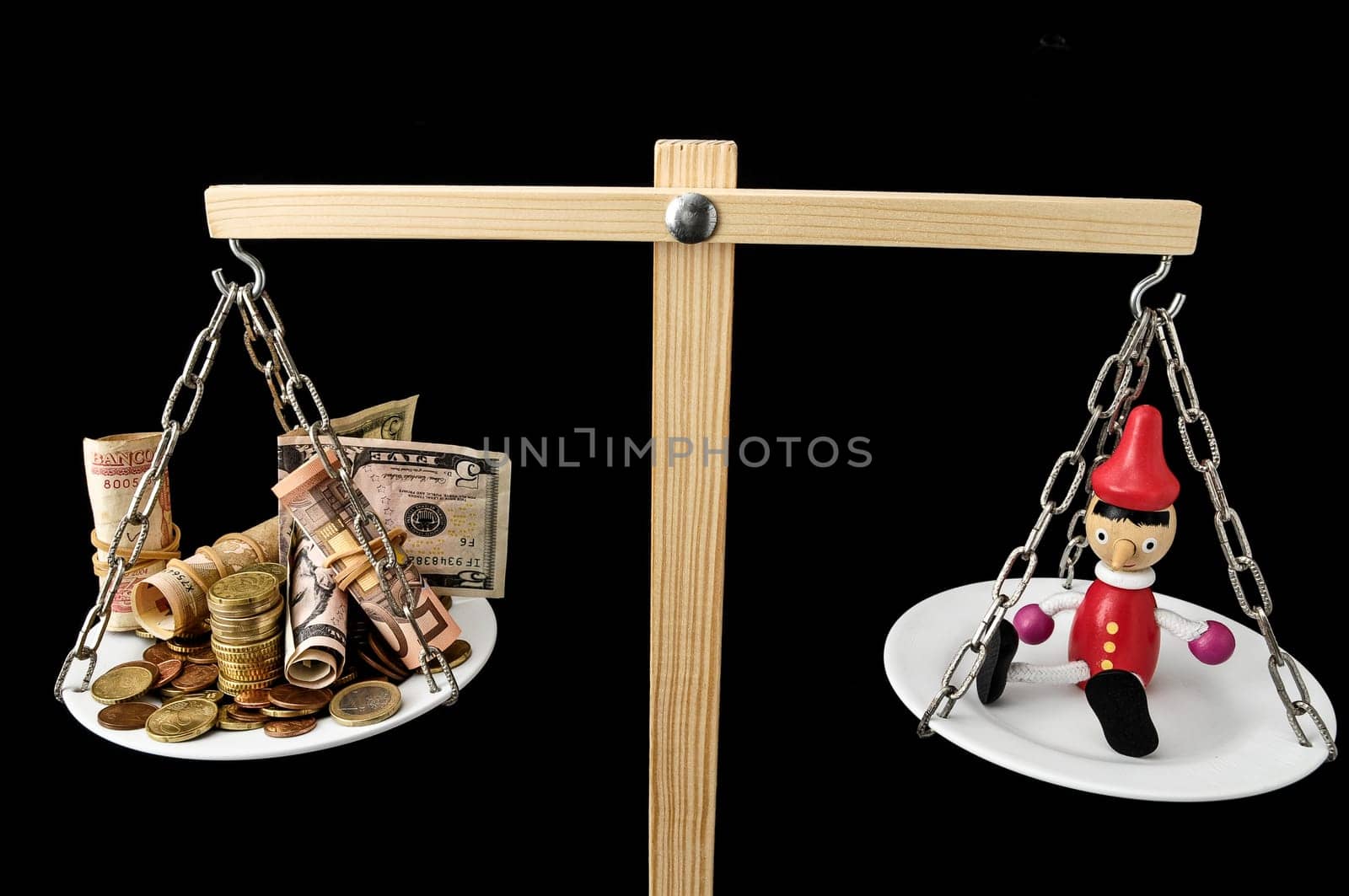 Liar Concept Pinocchio and Money on a Two Pan Balance
