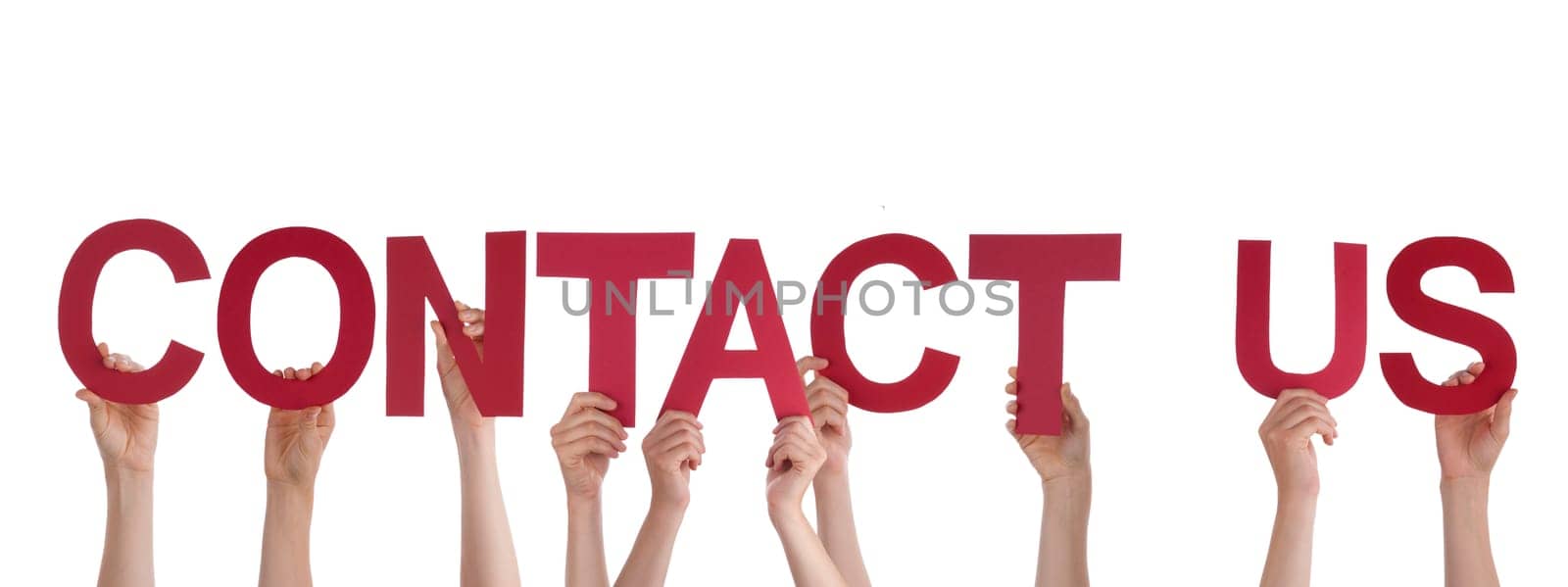 Many People Holding the Words Contact Us, Isolated