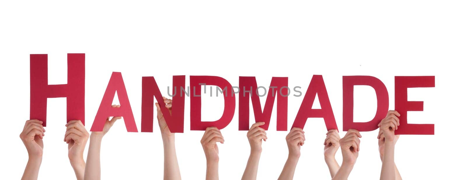 Many People Holding the Red Word Handmade, Isolated