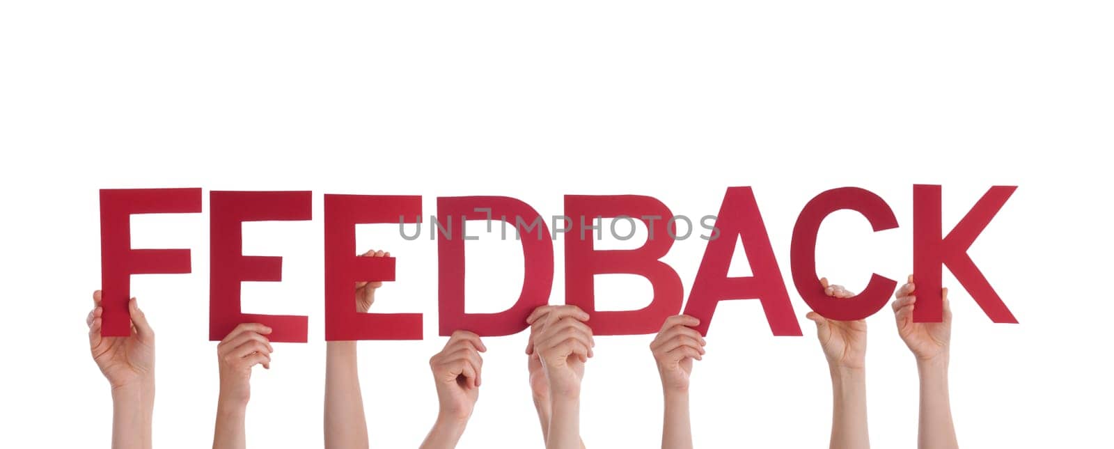 Many Hands Holding the Red Word Feedback, Isolated