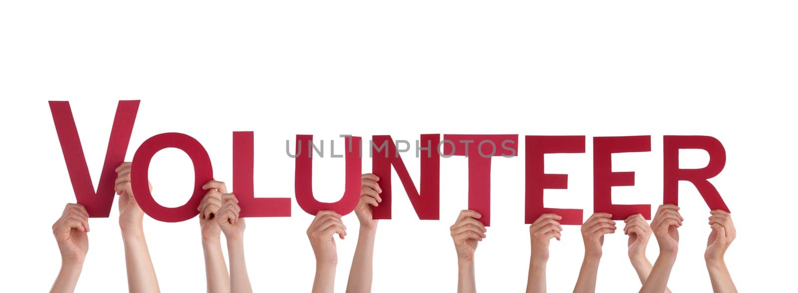 Many People Holding the Words Volunteer, Isolated