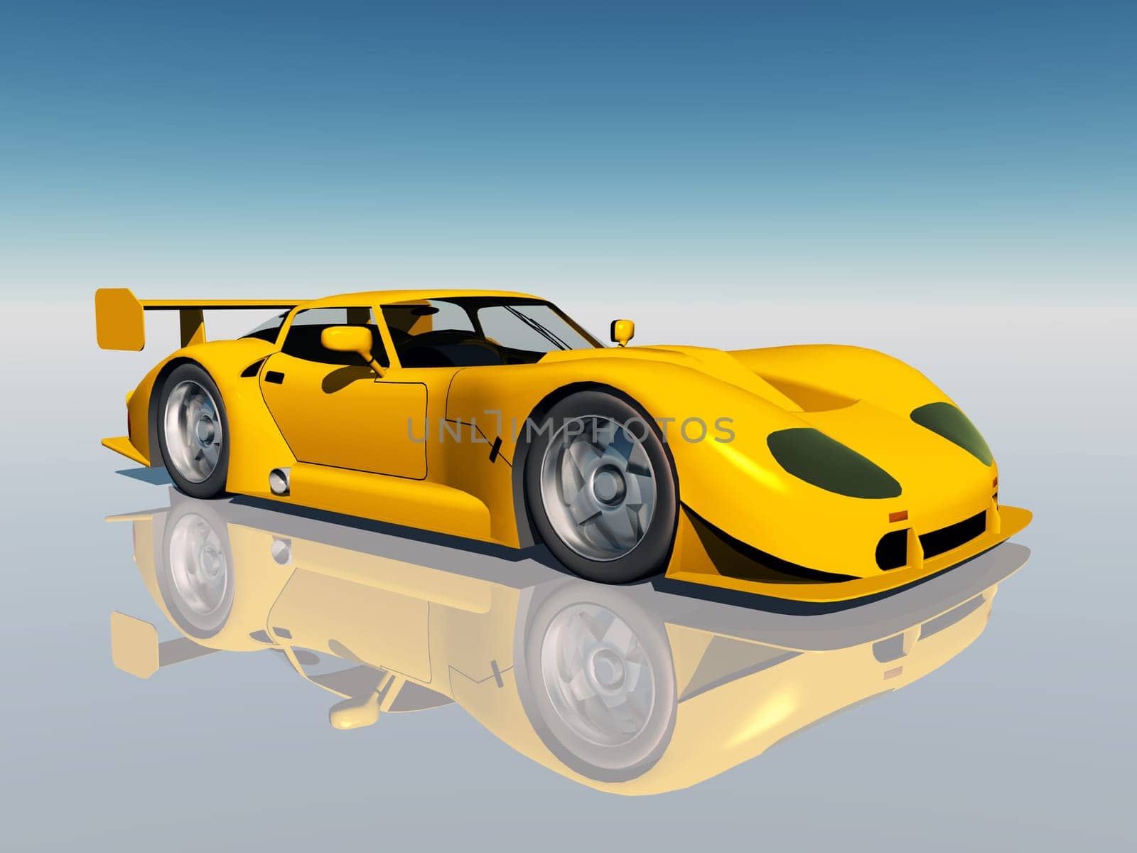 Computer-generated 3D illustration with a yellow sports car