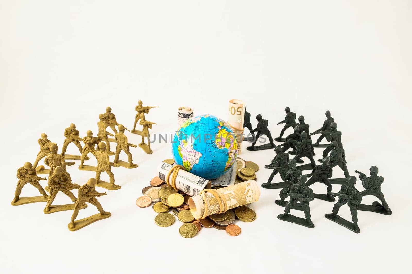 Plastic Lead Soldiers Representing War on a White Background