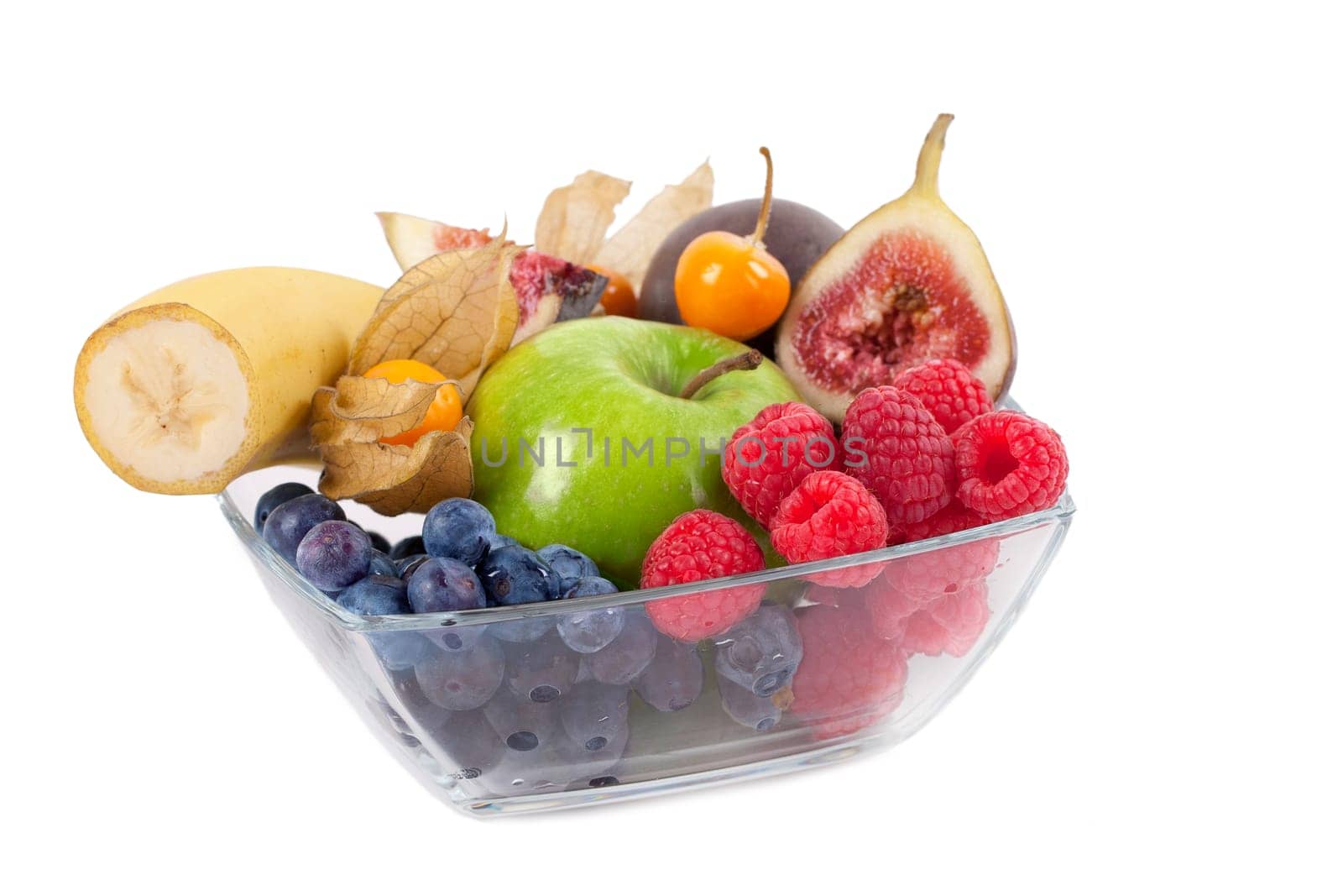 fresh fruit in a glass bowl