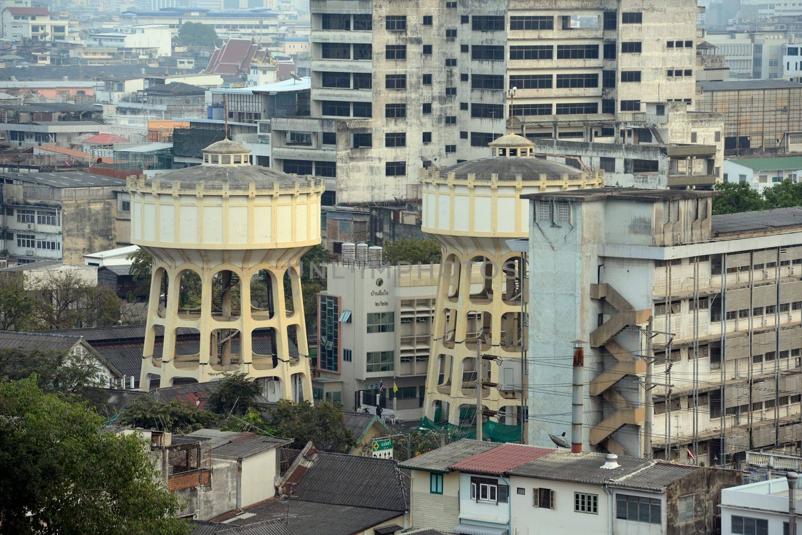 The ancient water tank today serve the fire brigade from the view of the temple complex of the Golden Mountain in the capital Bangkok of Thailand in South East Asia.