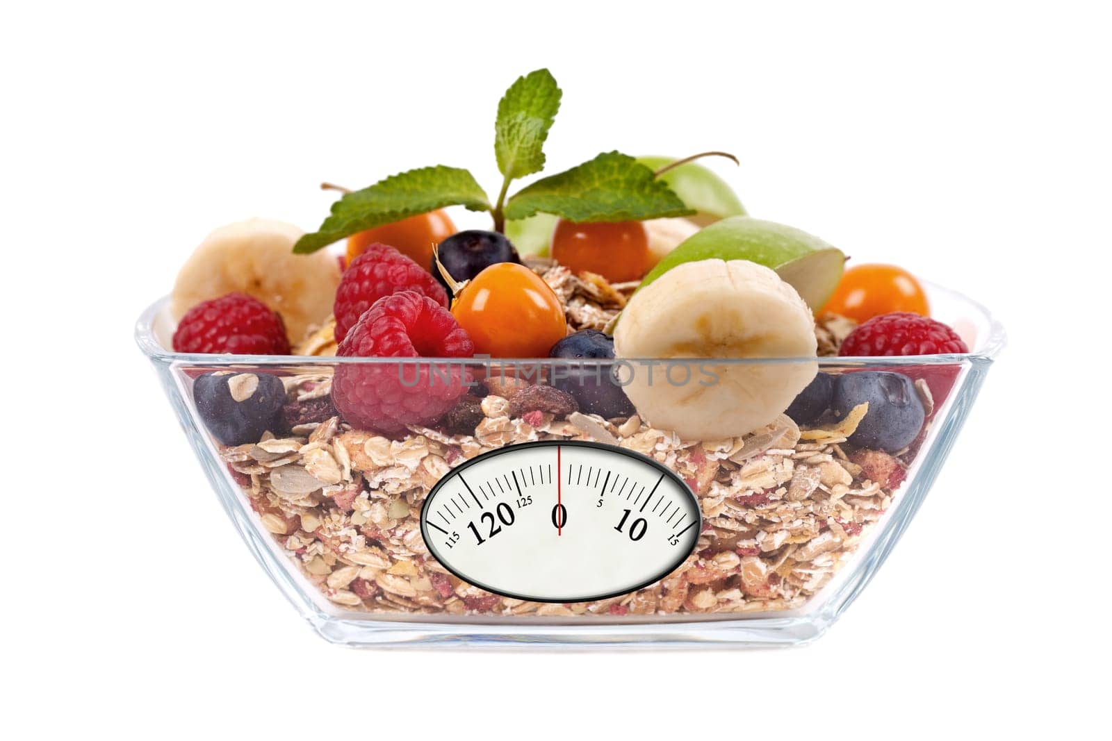 fresh fruit muesli with scales