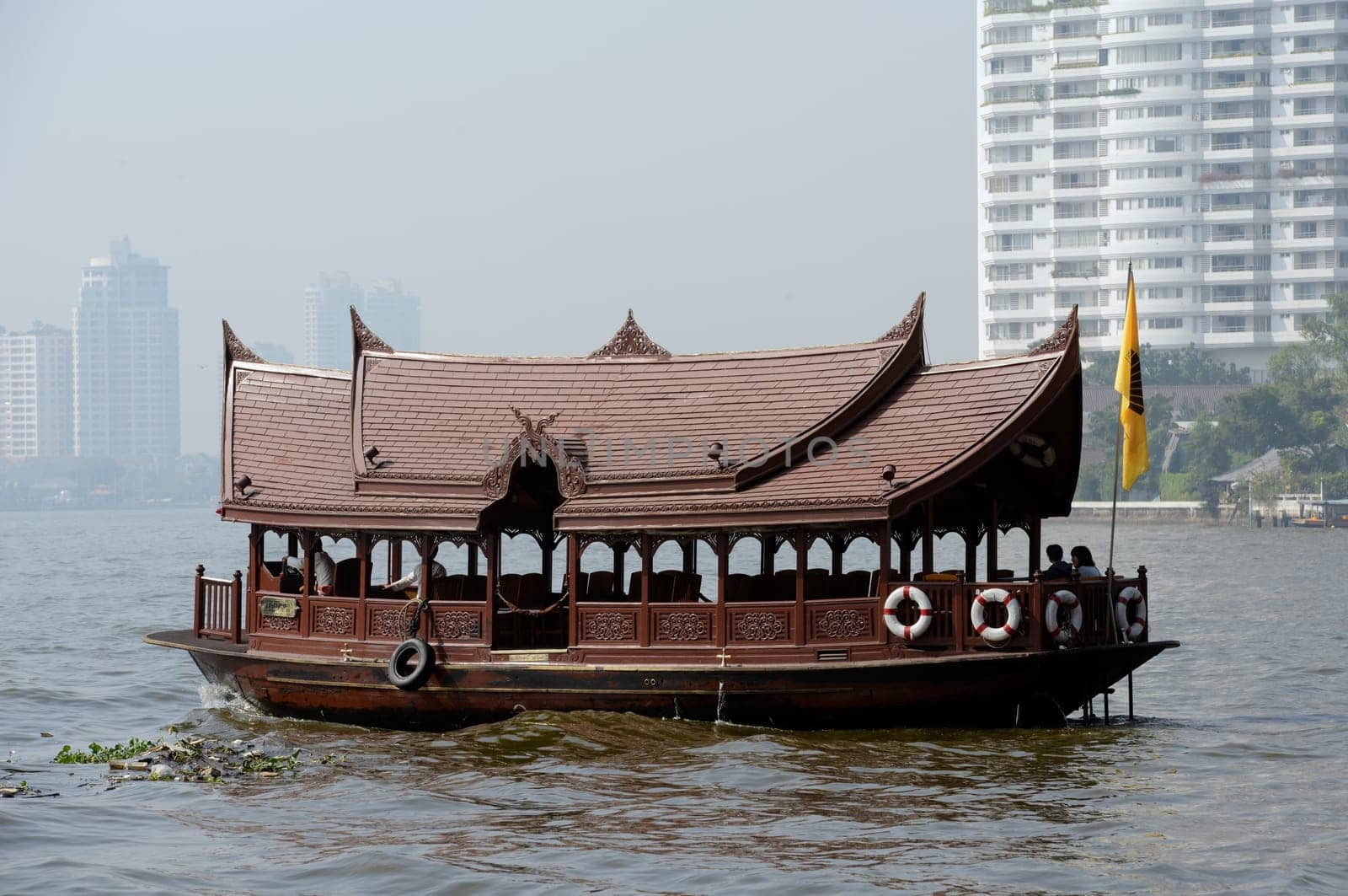 A boat pier on the Mae Nam Chao Phraya River in the capital Bangkok of Thailand in South East Asia.