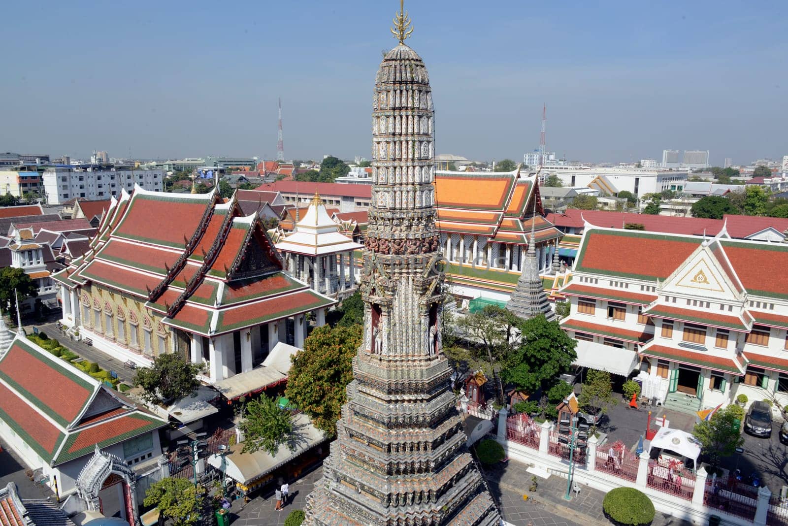 The temple complex of Wat Arun on the Mae Nam Chao Phraya River in the capital Bangkok of Thailand in South East Asia.