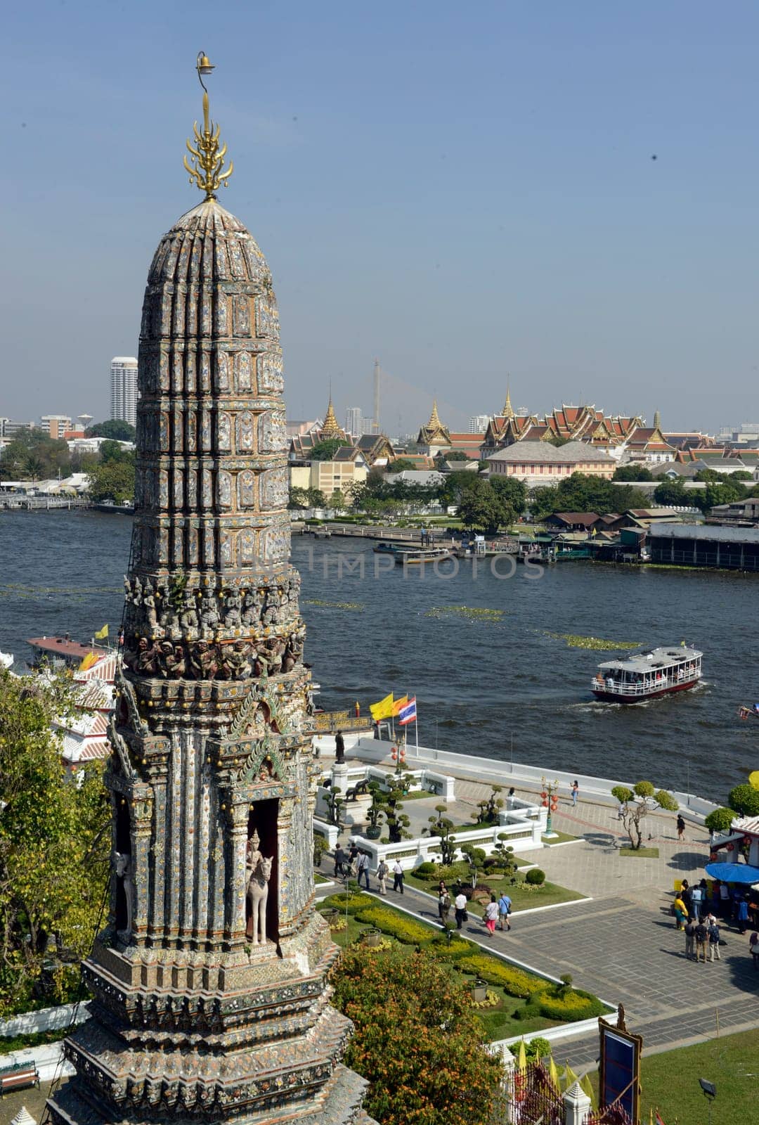 The temple complex of Wat Arun on the Mae Nam Chao Phraya River in the capital Bangkok of Thailand in South East Asia.