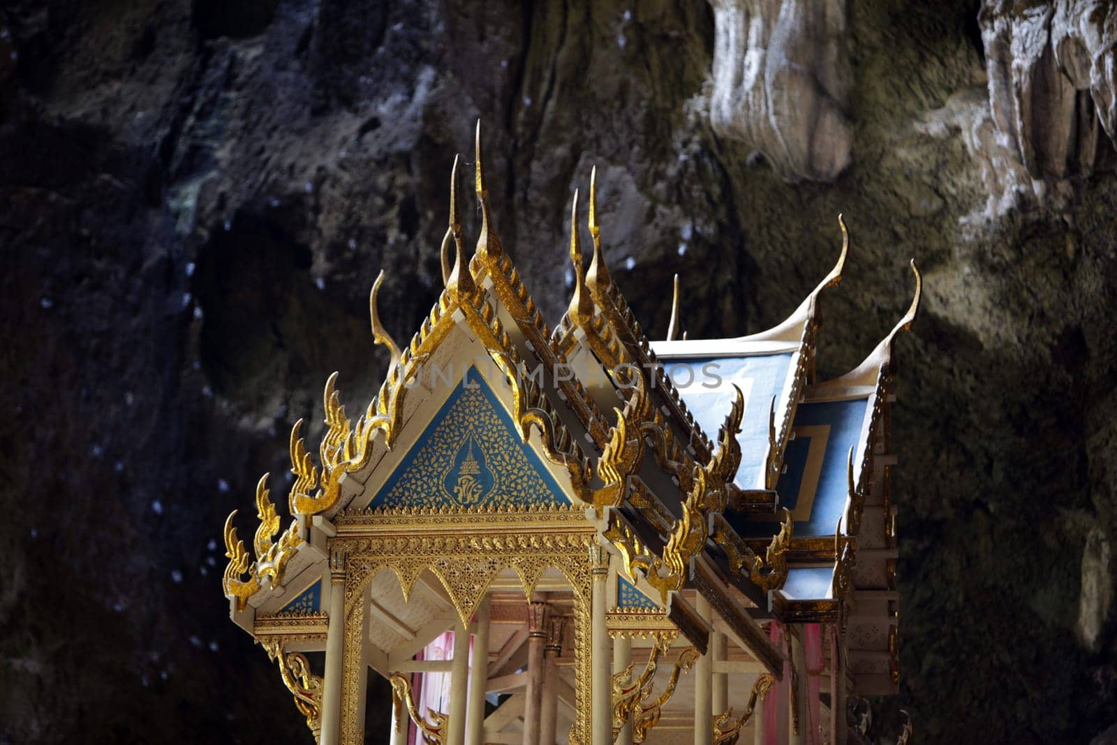 The Hoehle Tham Phraya Nakhon with the Royal Hall of Rama V from 1890 in the rocky landscape of the Khao Sam Roi Yot National Park on the Gulf of Thailand in the south-west of Thailand in South East Asia