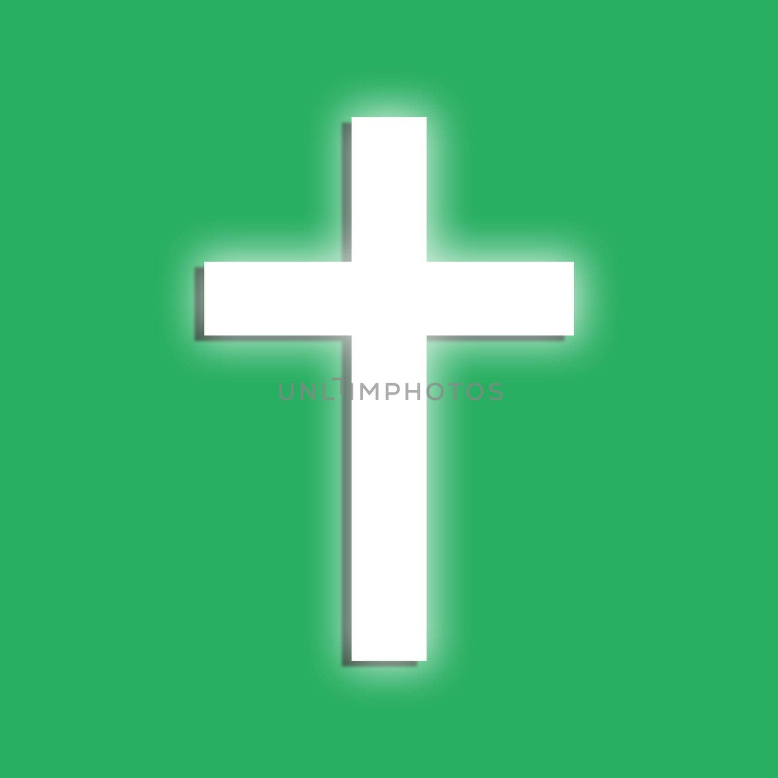 Glowing cross symboll on a green background. Flat design elemen.